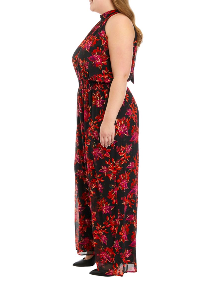 Plus Size Sleeveless Floral Halter Jumpsuit 