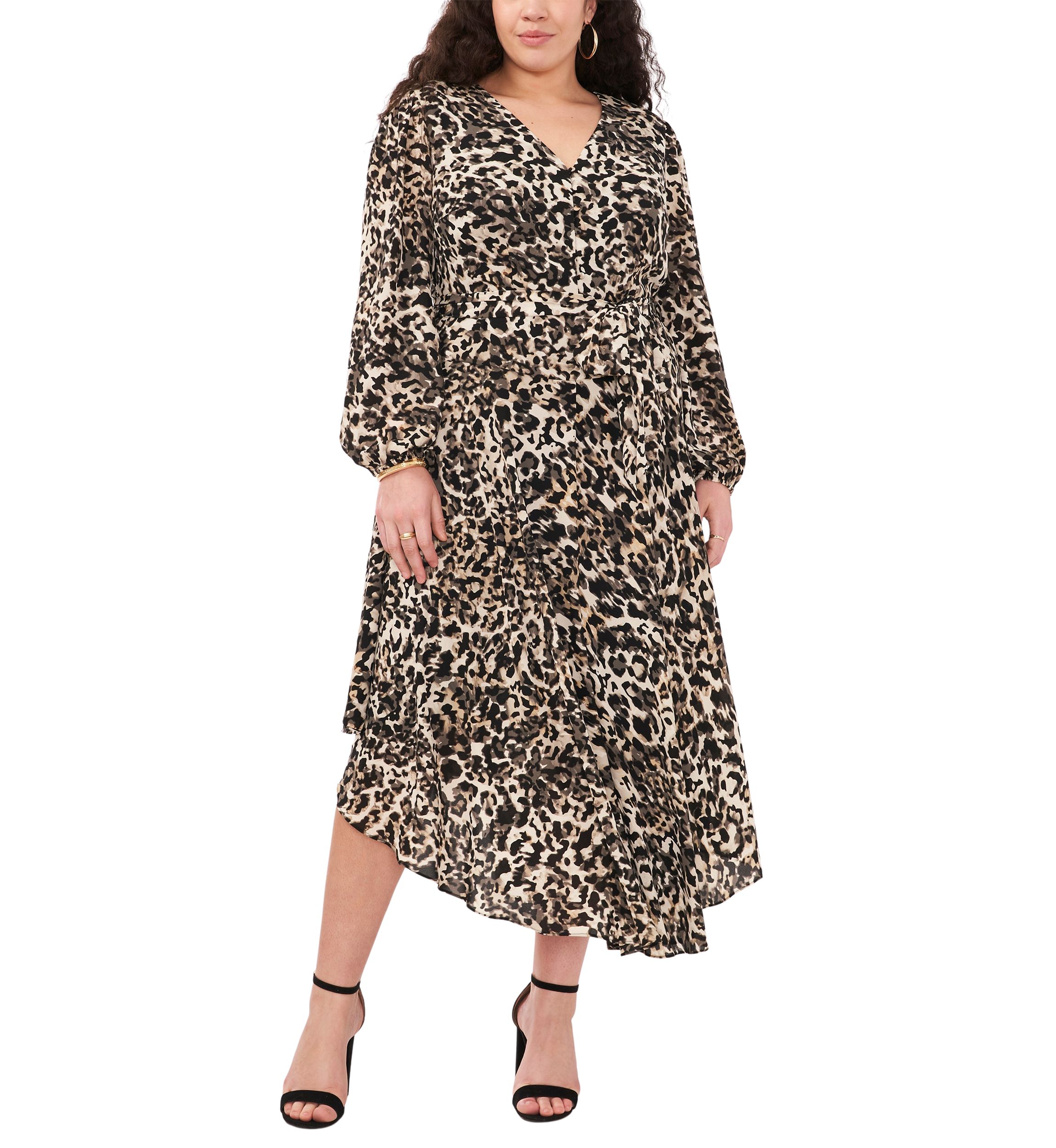Plus Size Blouson Sleeve V-Neck Animal Printed Maxi Dress