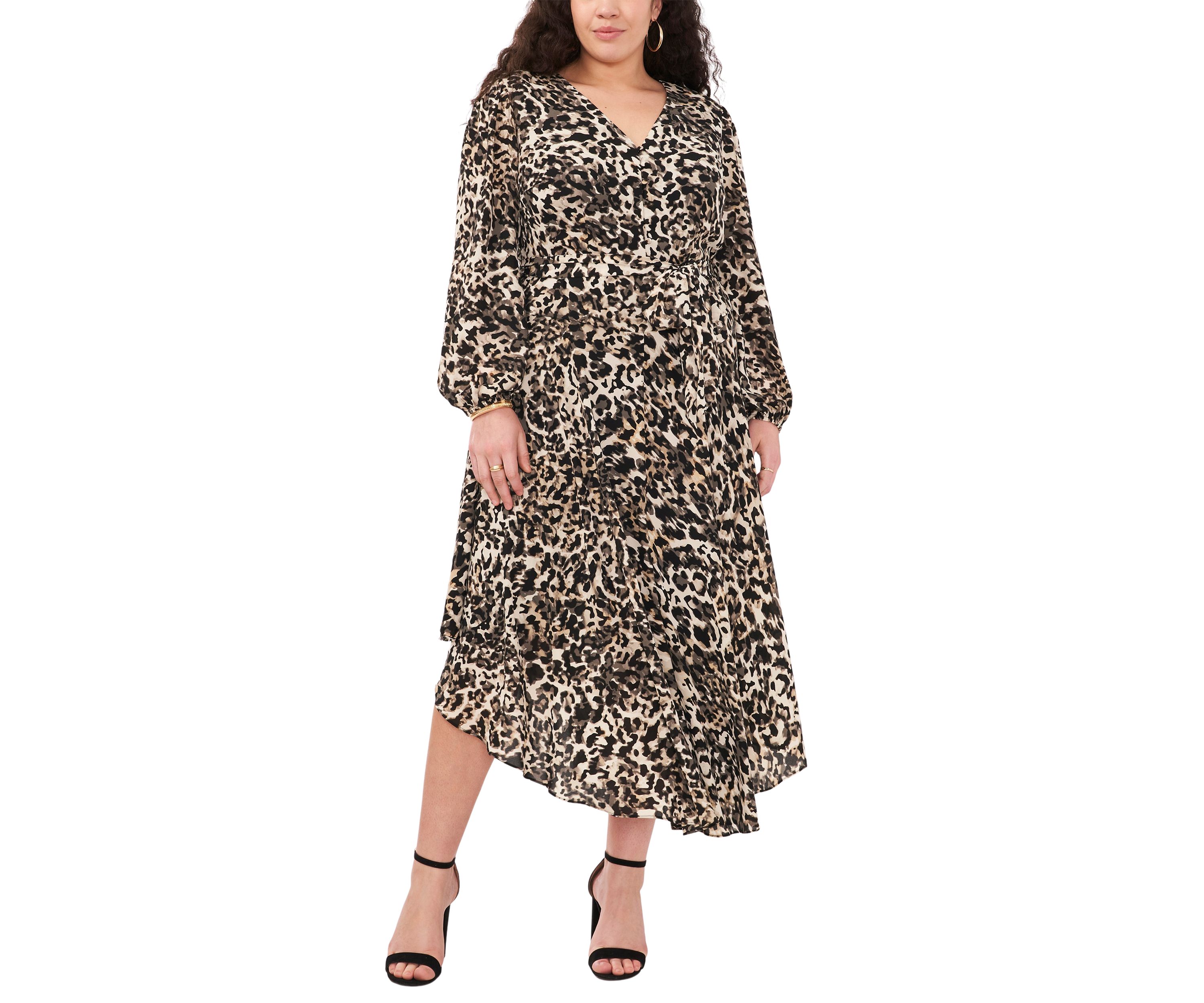 Plus Size Blouson Sleeve V-Neck Animal Printed Maxi Dress
