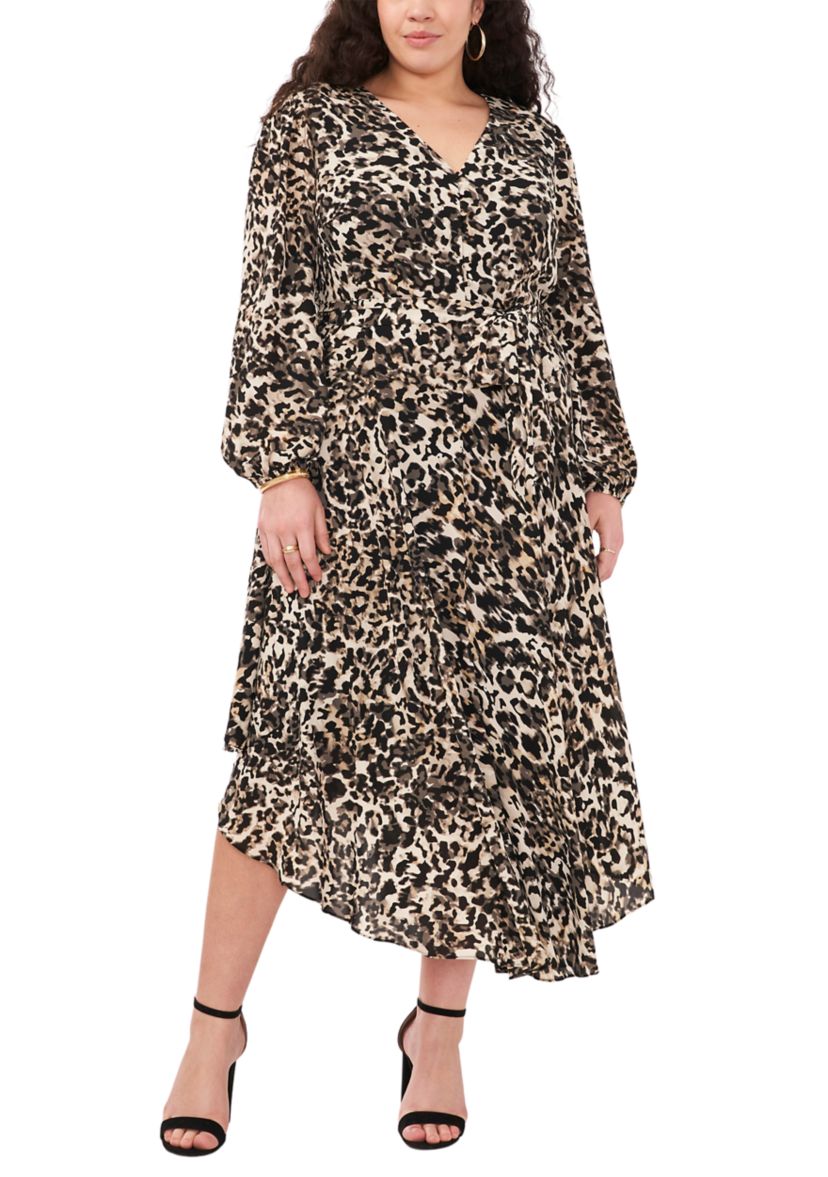 Plus Size Blouson Sleeve V-Neck Animal Printed Maxi Dress