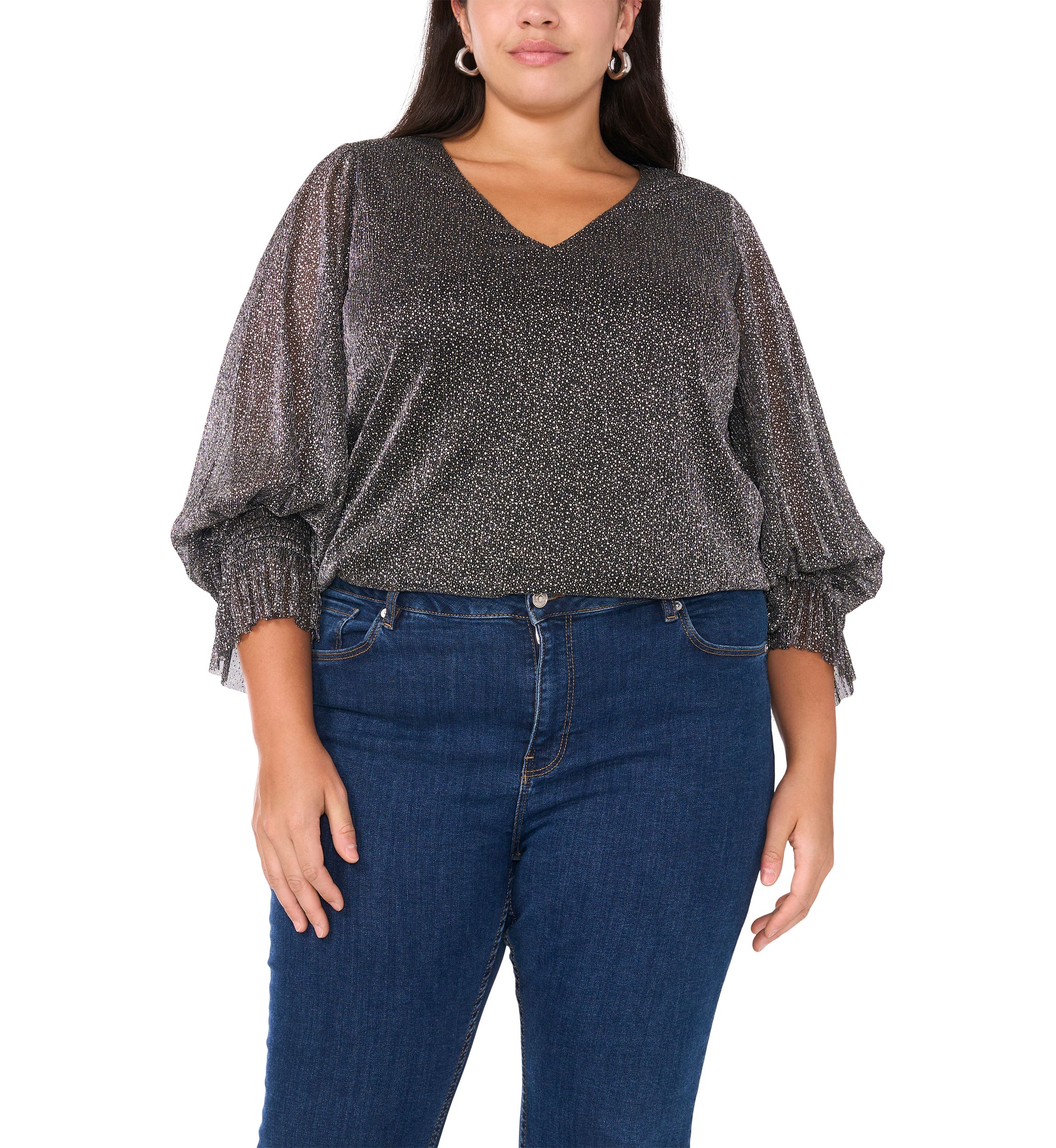 Plus Size V-Neck Long Sleeve Smocked Cuff Lurex Top