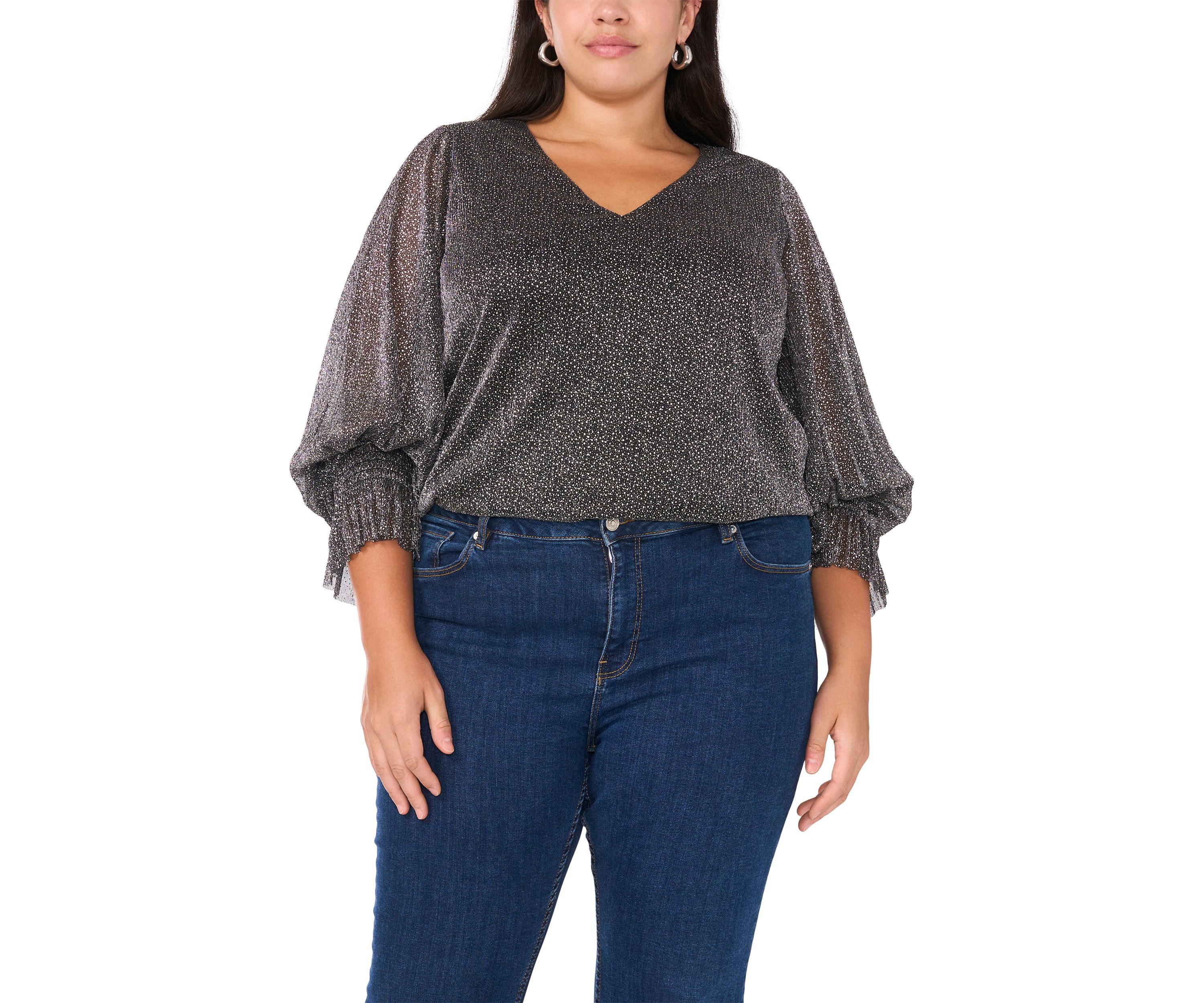 Plus Size V-Neck Long Sleeve Smocked Cuff Lurex Top