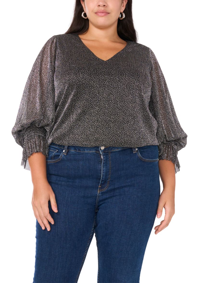 Plus Size V-Neck Long Sleeve Smocked Cuff Lurex Top