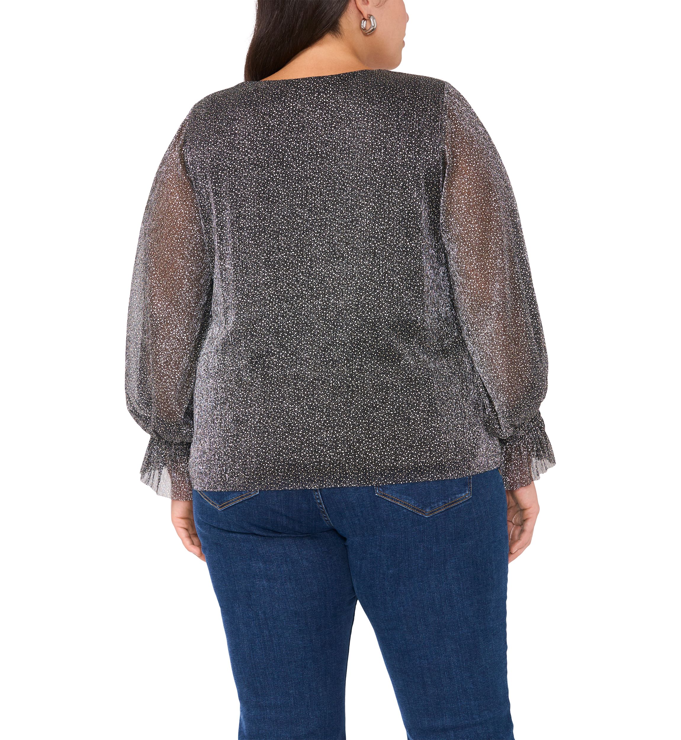 Plus Size V-Neck Long Sleeve Smocked Cuff Lurex Top