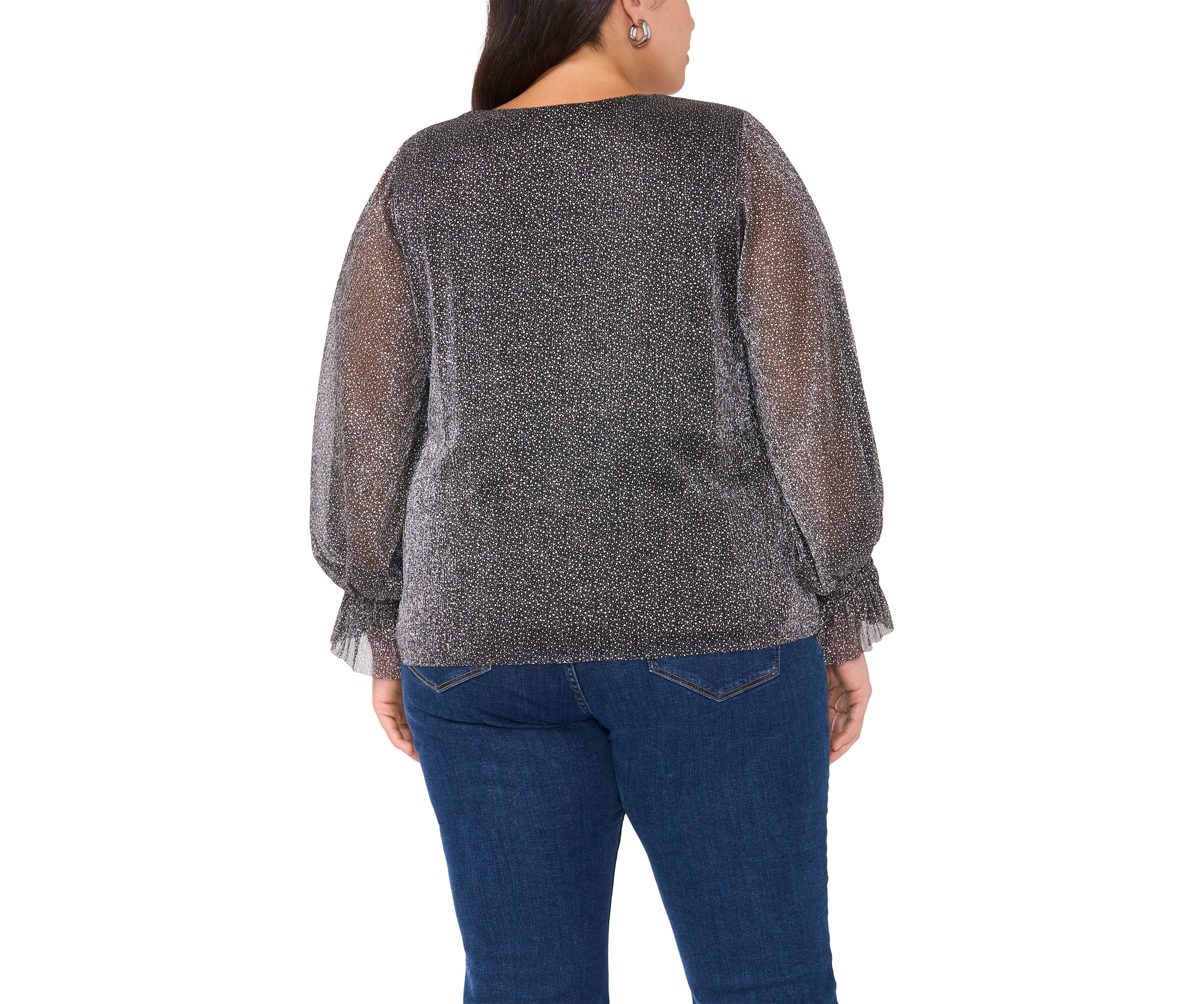 Plus Size V-Neck Long Sleeve Smocked Cuff Lurex Top