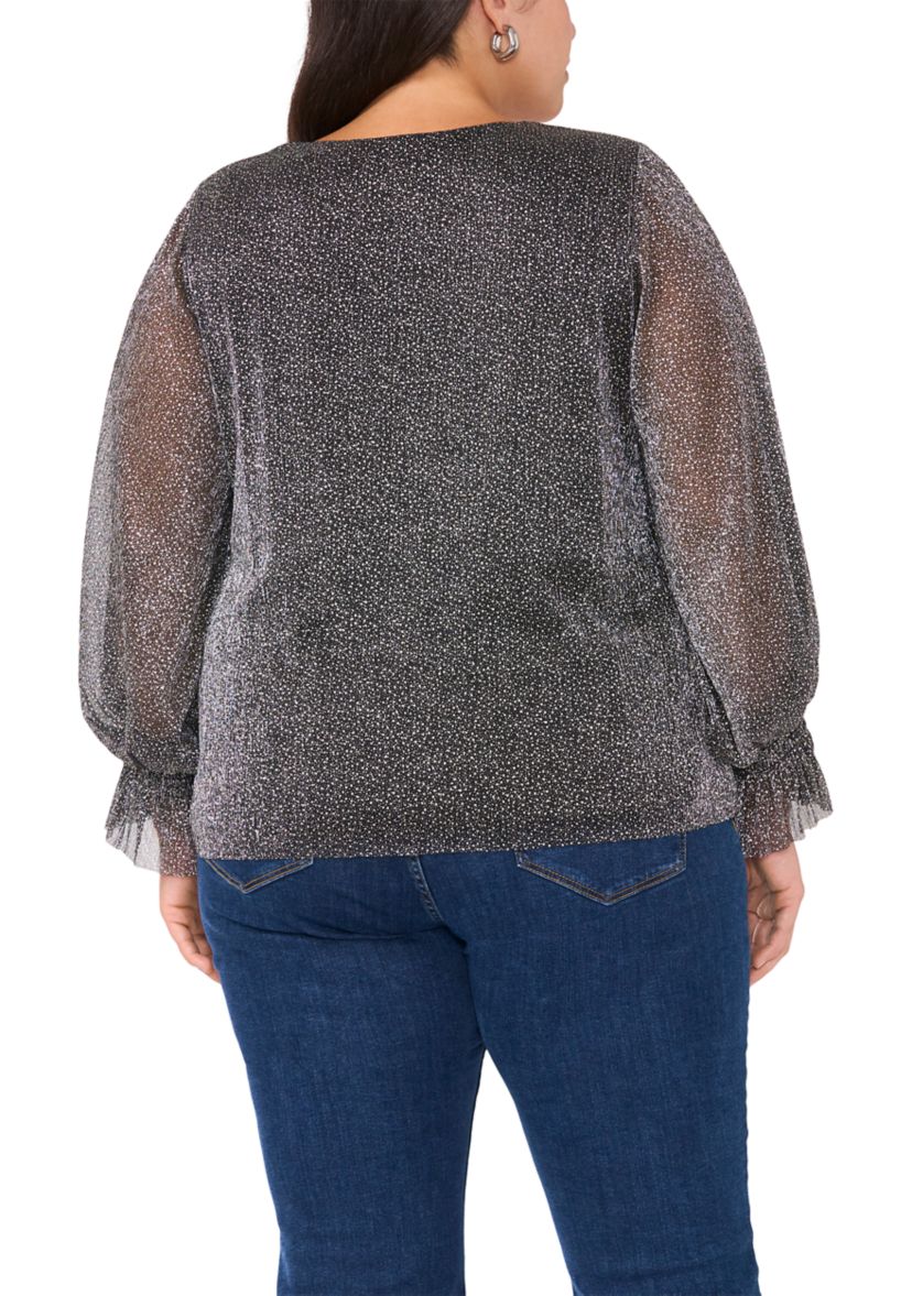 Plus Size V-Neck Long Sleeve Smocked Cuff Lurex Top