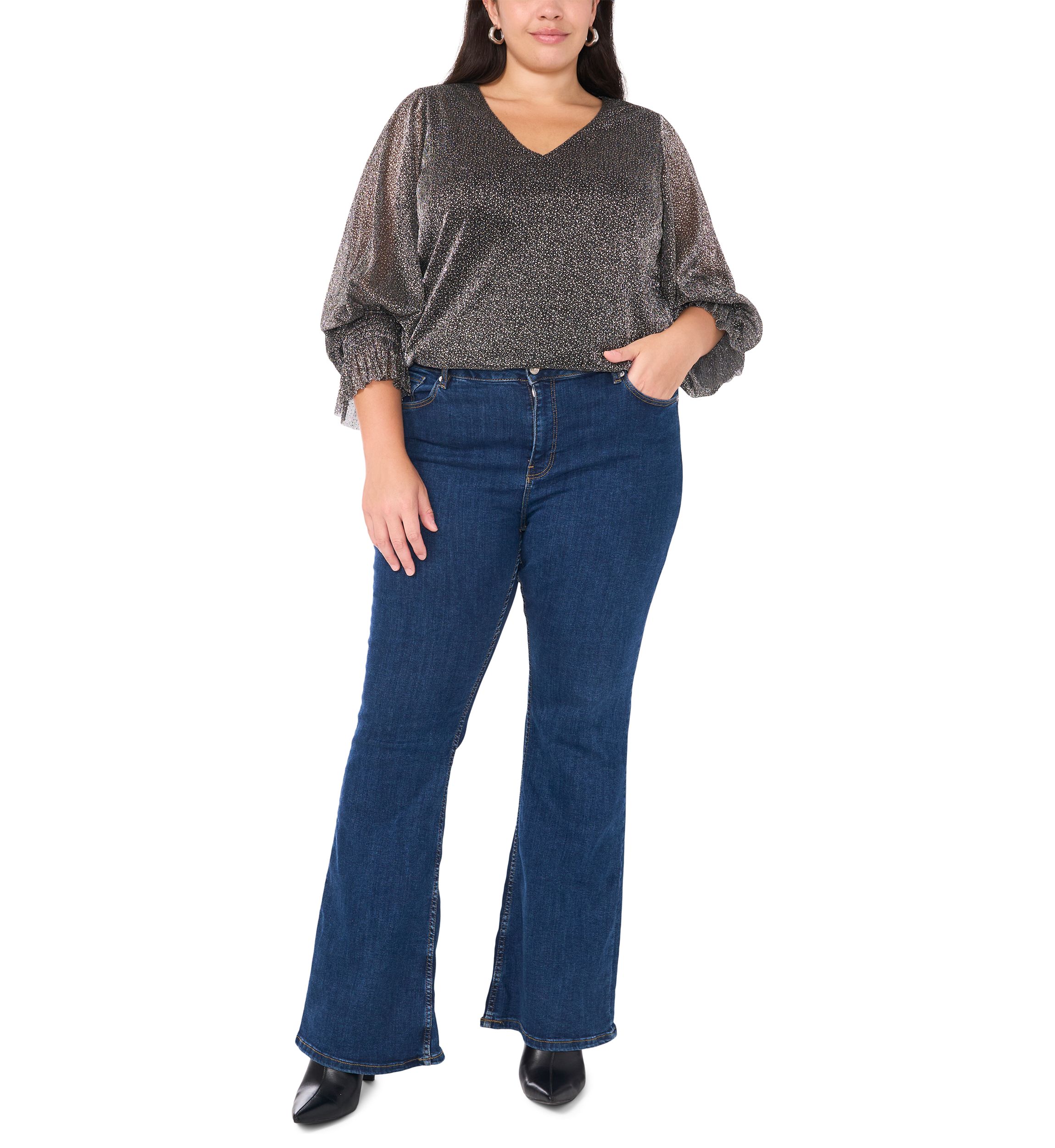 Plus Size V-Neck Long Sleeve Smocked Cuff Lurex Top