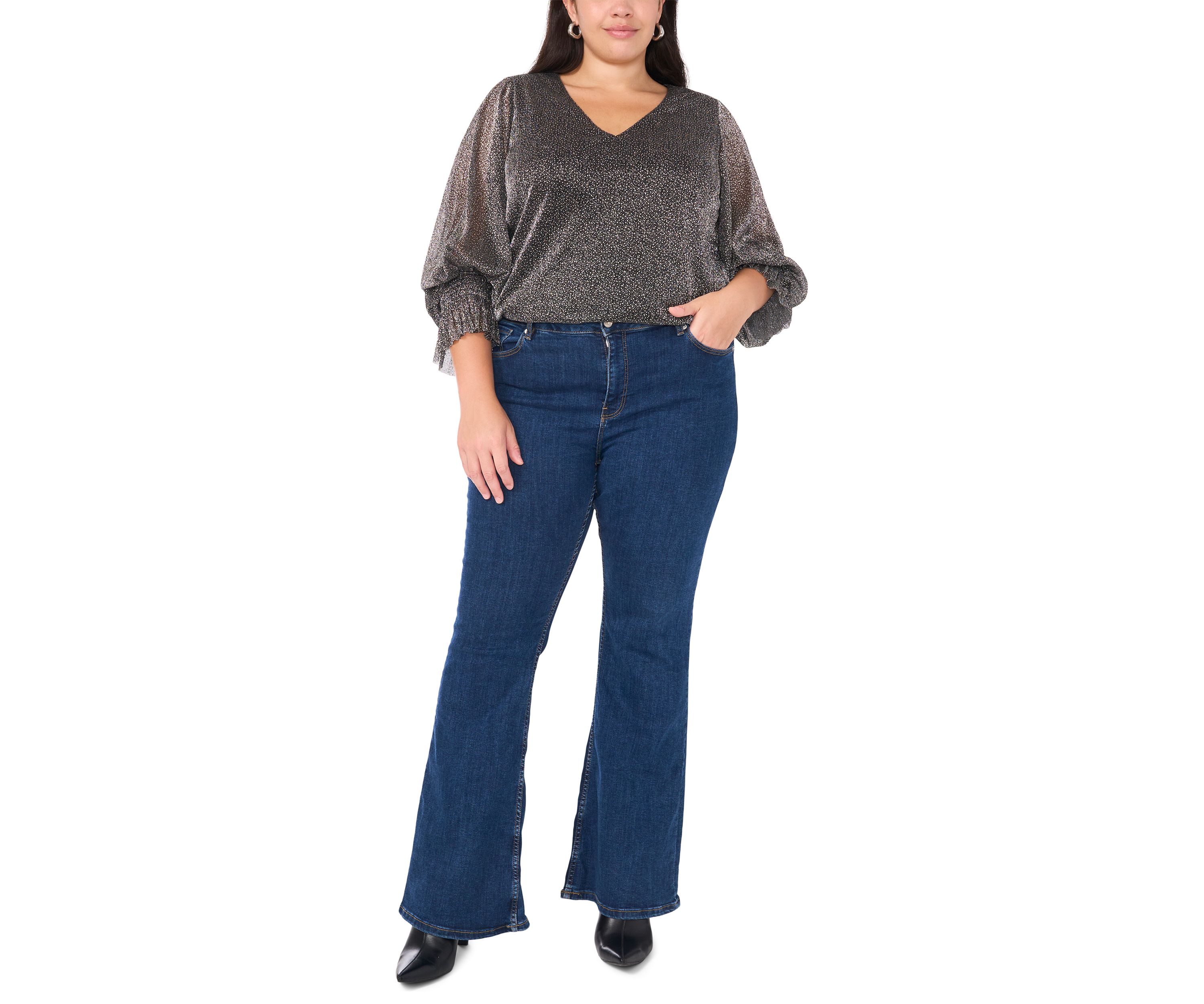 Plus Size V-Neck Long Sleeve Smocked Cuff Lurex Top