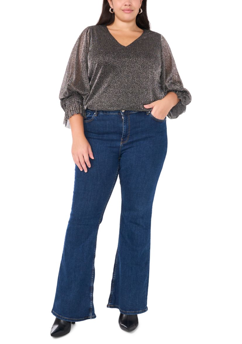 Plus Size V-Neck Long Sleeve Smocked Cuff Lurex Top