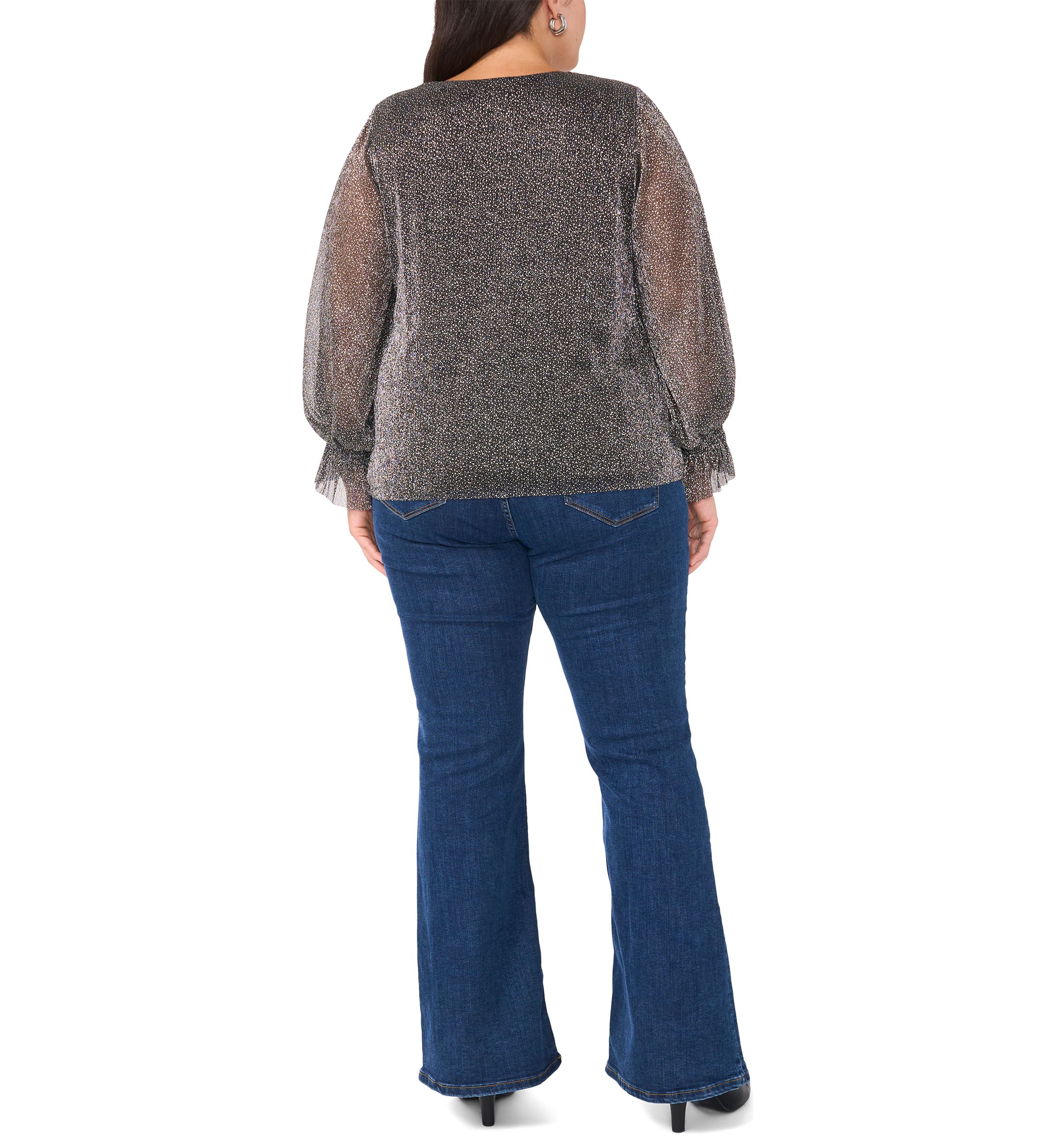 Plus Size V-Neck Long Sleeve Smocked Cuff Lurex Top