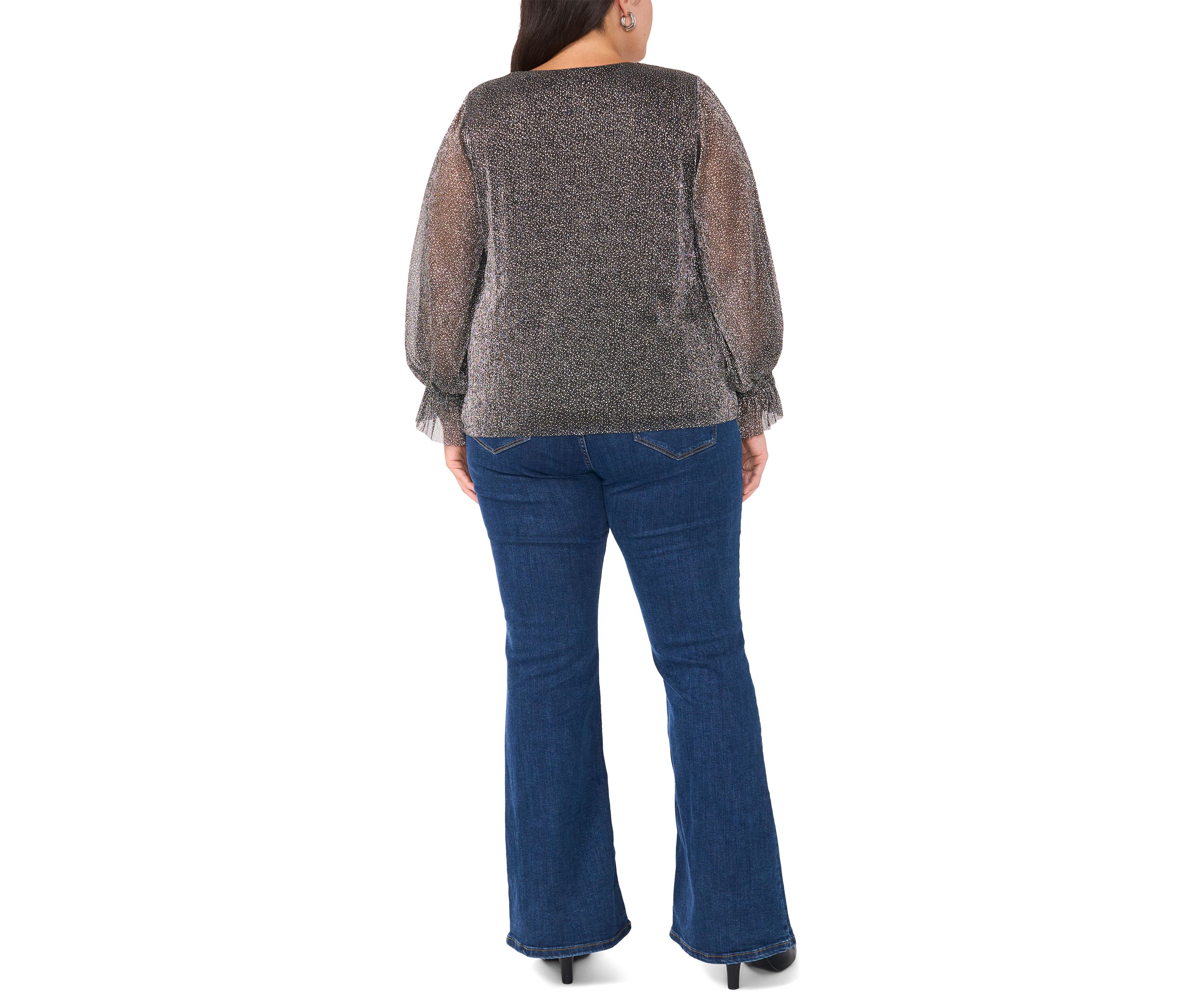 Plus Size V-Neck Long Sleeve Smocked Cuff Lurex Top