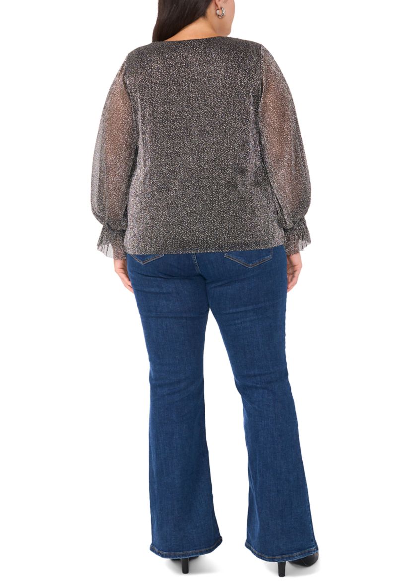 Plus Size V-Neck Long Sleeve Smocked Cuff Lurex Top