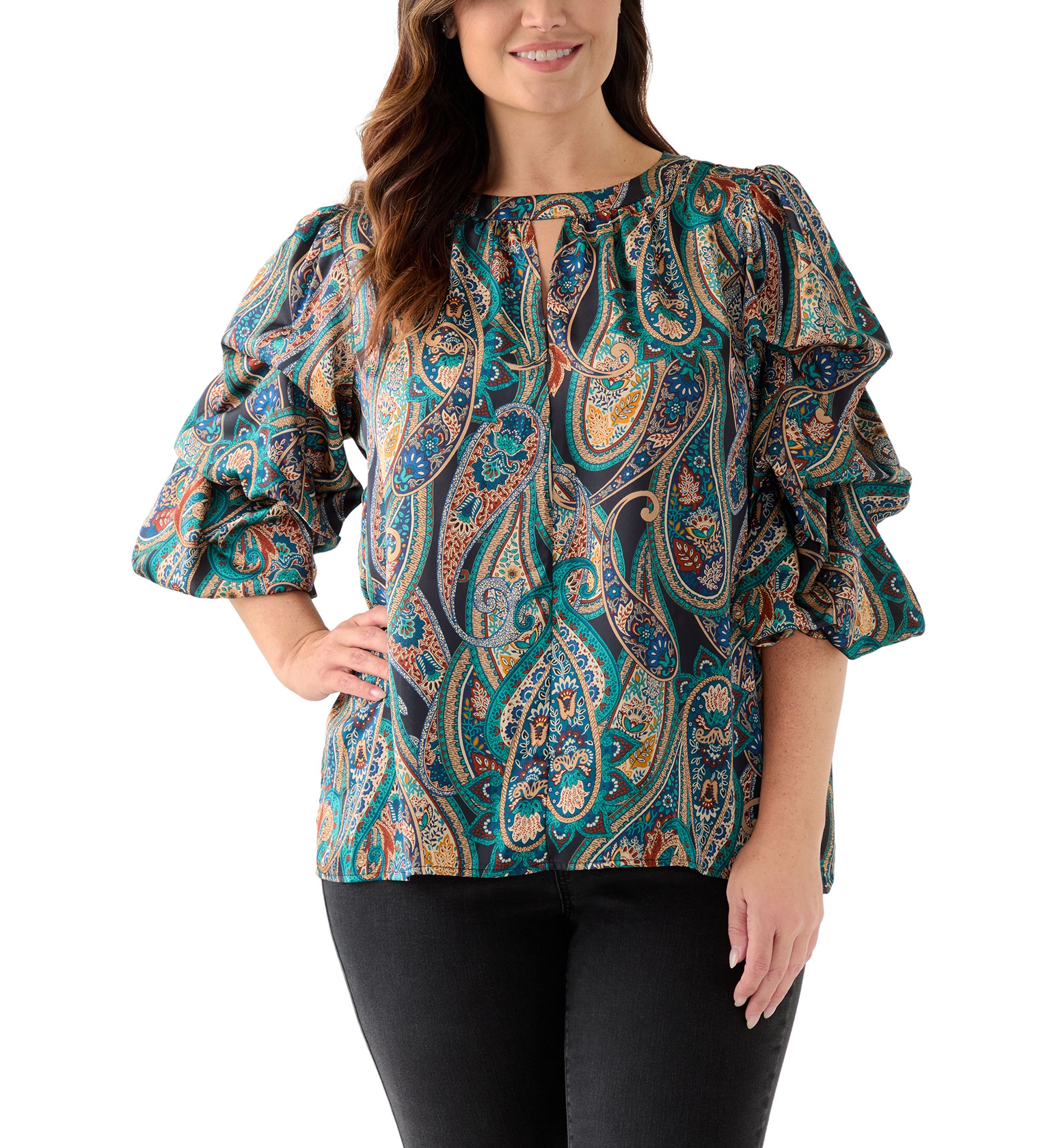 Plus Size Printed Keyhole Neck Bubble Sleeve Top