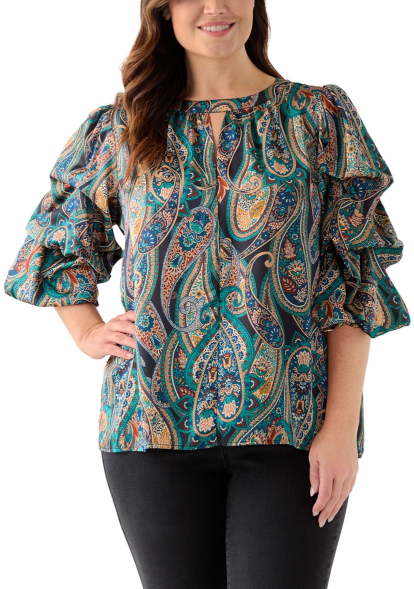 Plus Size Printed Keyhole Neck Bubble Sleeve Top