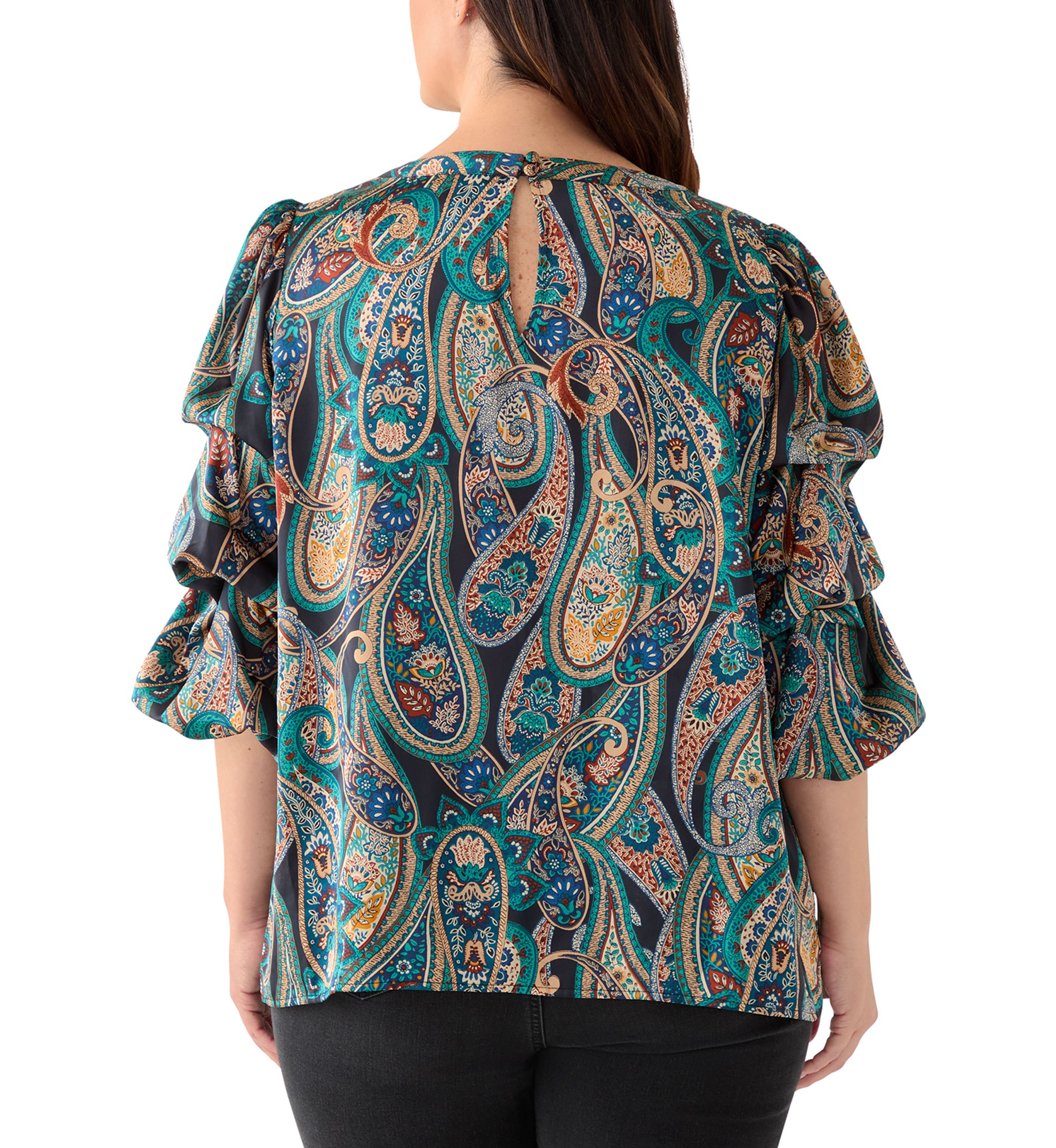 Plus Size Printed Keyhole Neck Bubble Sleeve Top