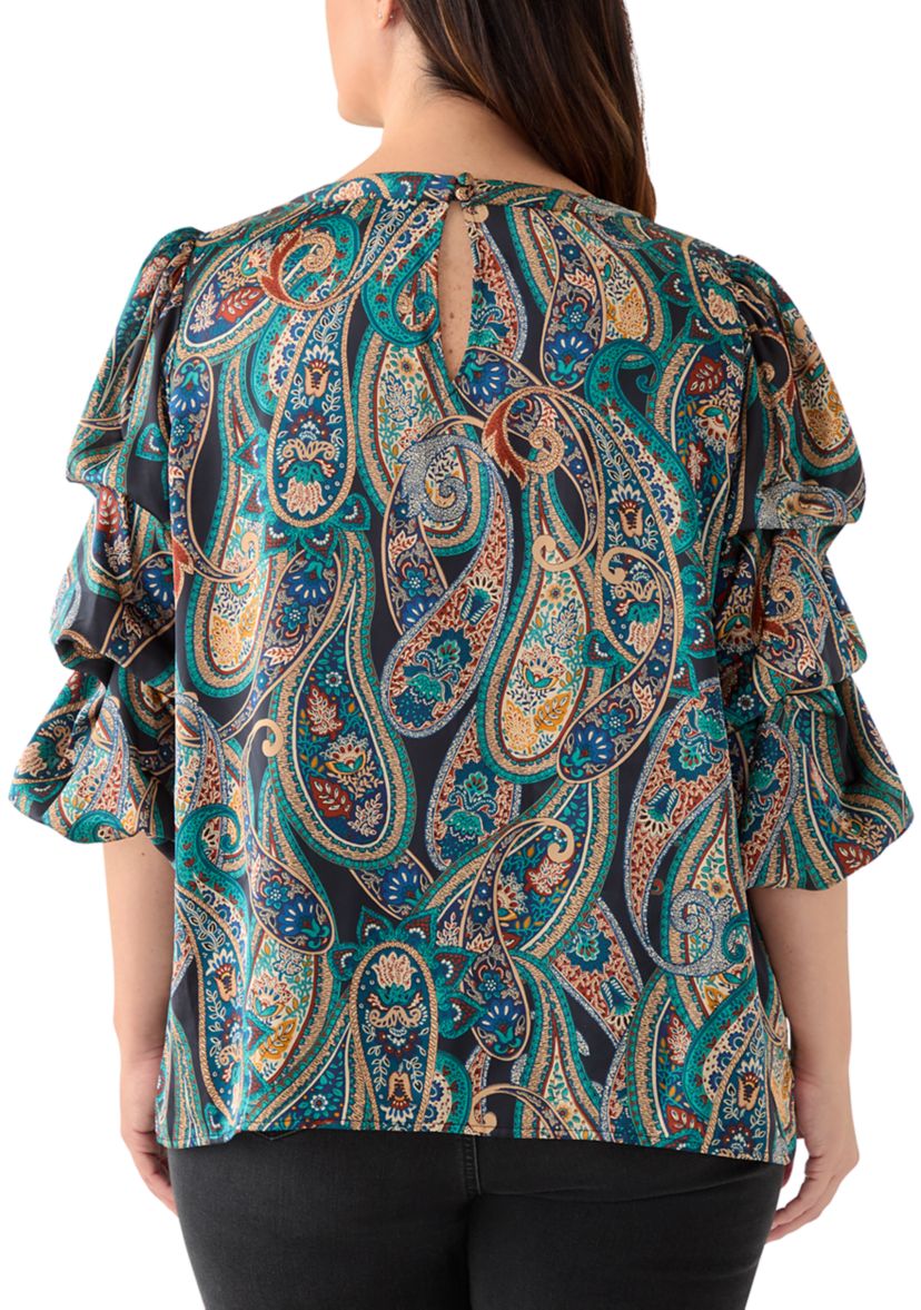 Plus Size Printed Keyhole Neck Bubble Sleeve Top