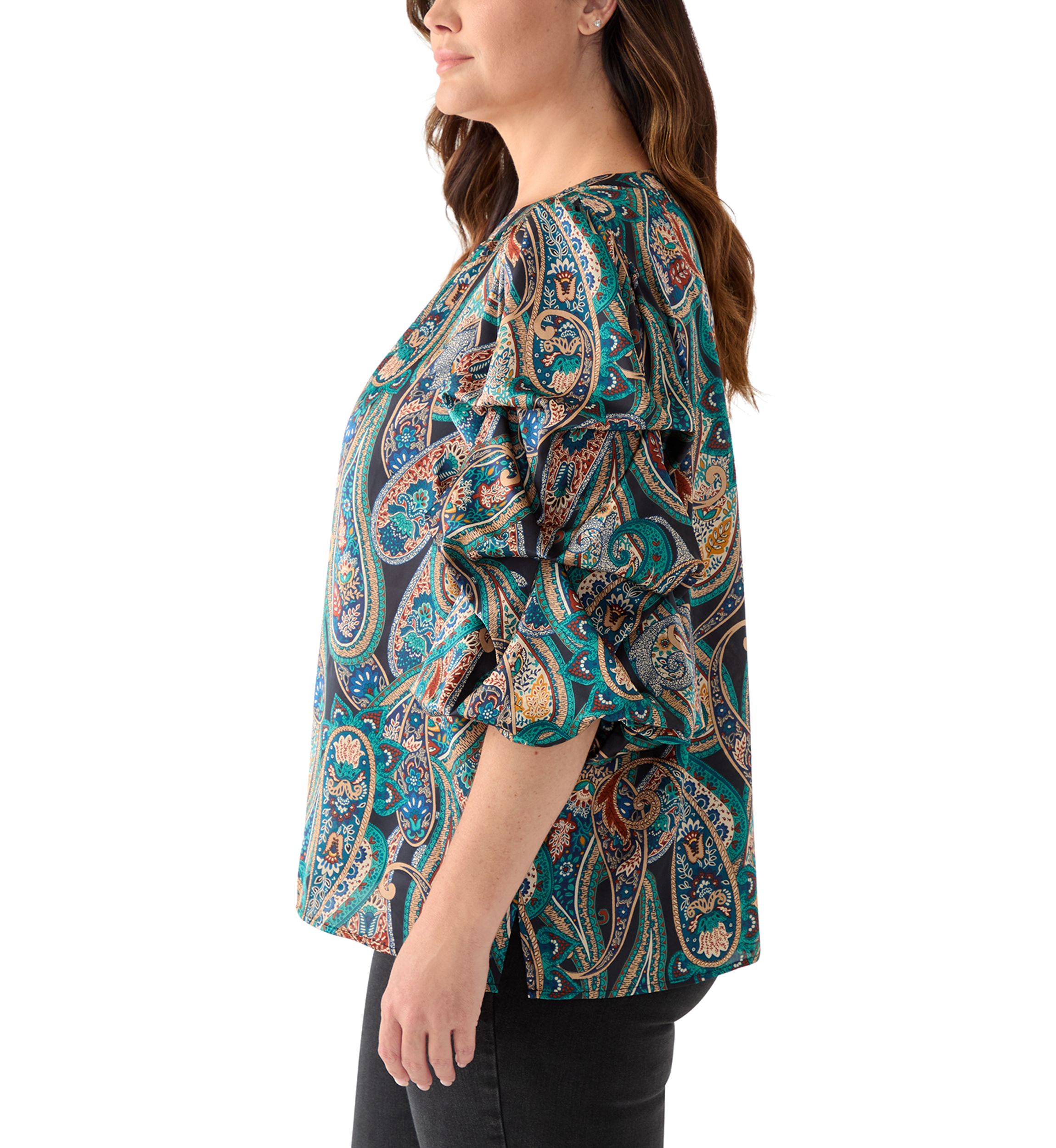 Plus Size Printed Keyhole Neck Bubble Sleeve Top