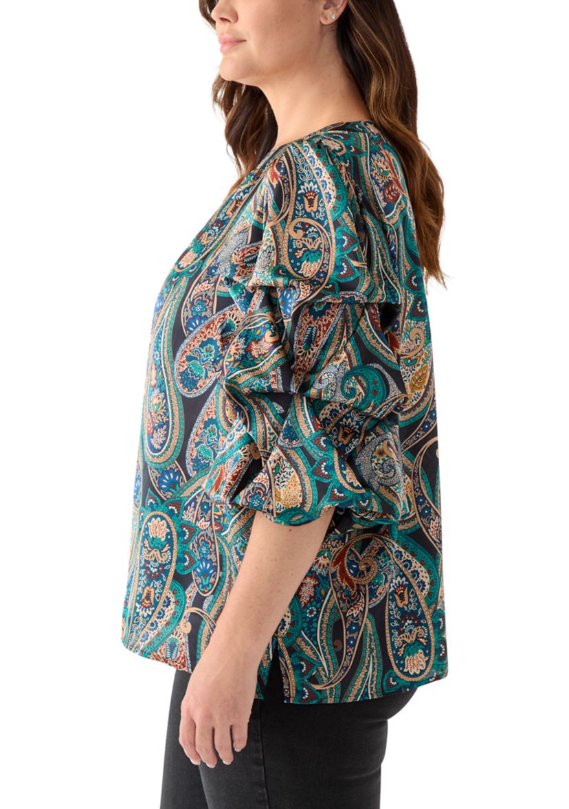 Plus Size Printed Keyhole Neck Bubble Sleeve Top