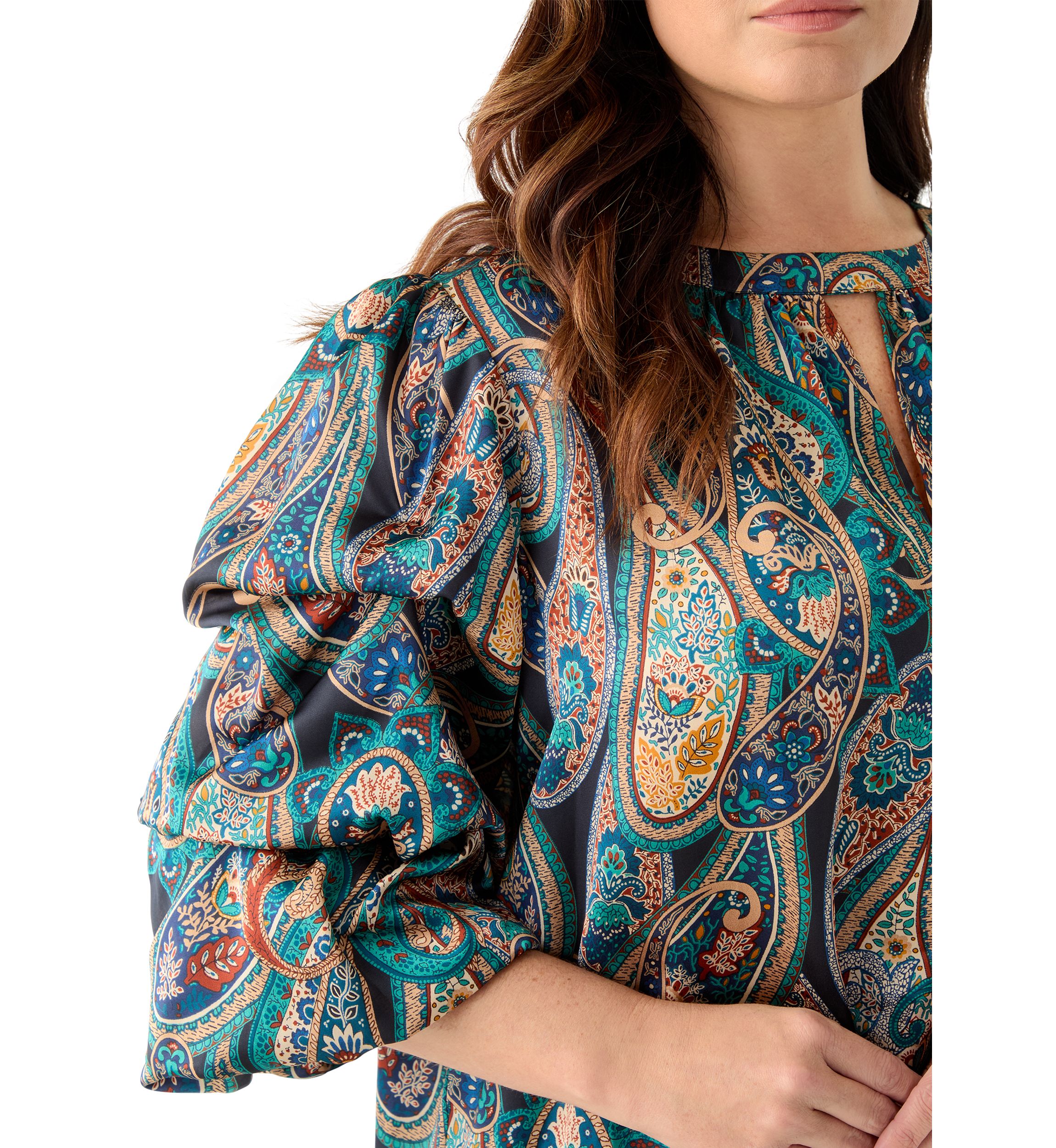 Plus Size Printed Keyhole Neck Bubble Sleeve Top