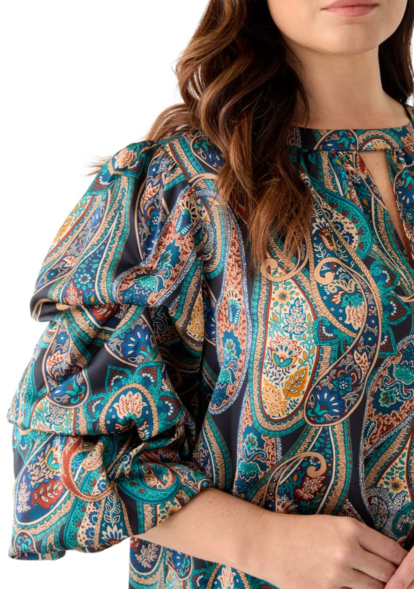 Plus Size Printed Keyhole Neck Bubble Sleeve Top