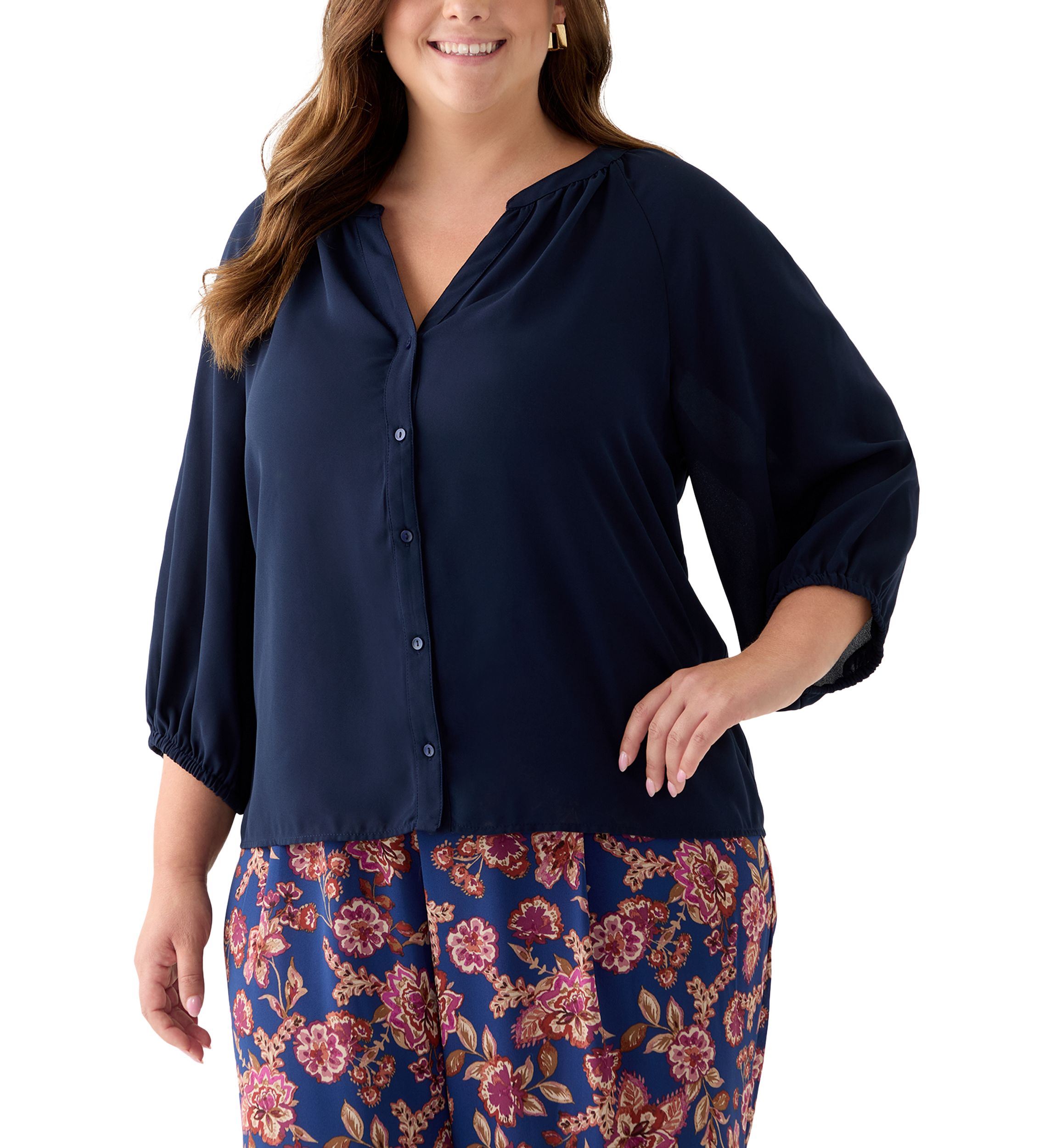 Plus Size Long Sleeve V-Neck Button Front Blouse