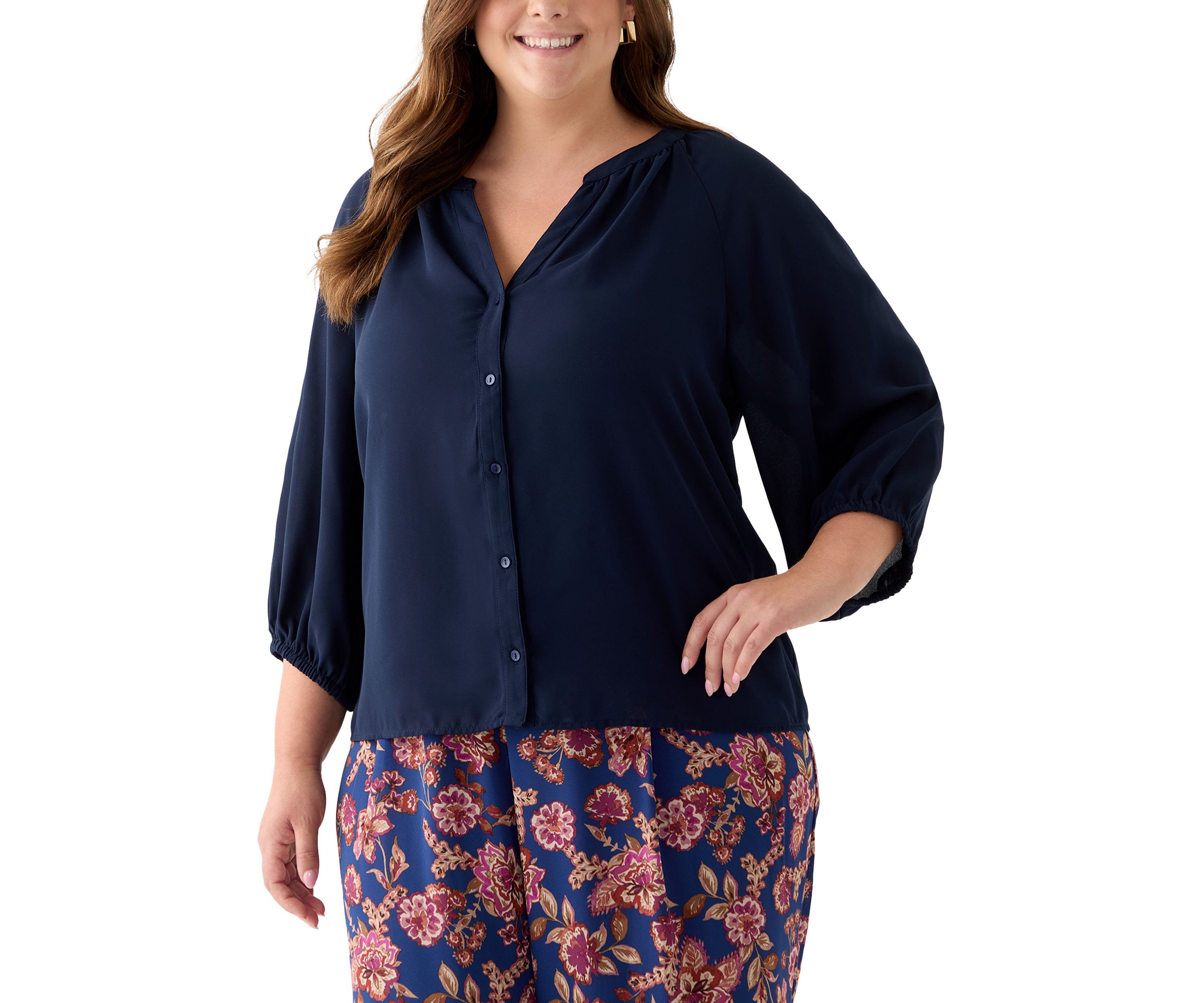 Plus Size Long Sleeve V-Neck Button Front Blouse