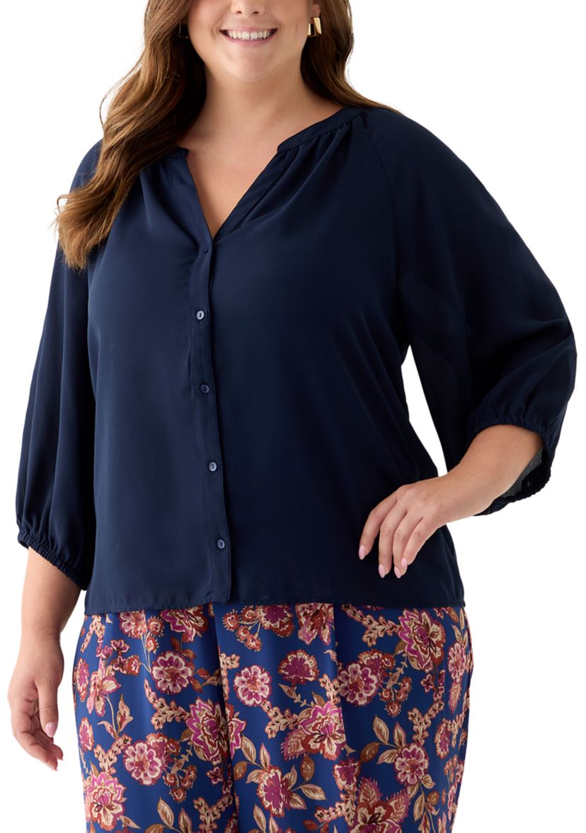 Plus Size Long Sleeve V-Neck Button Front Blouse