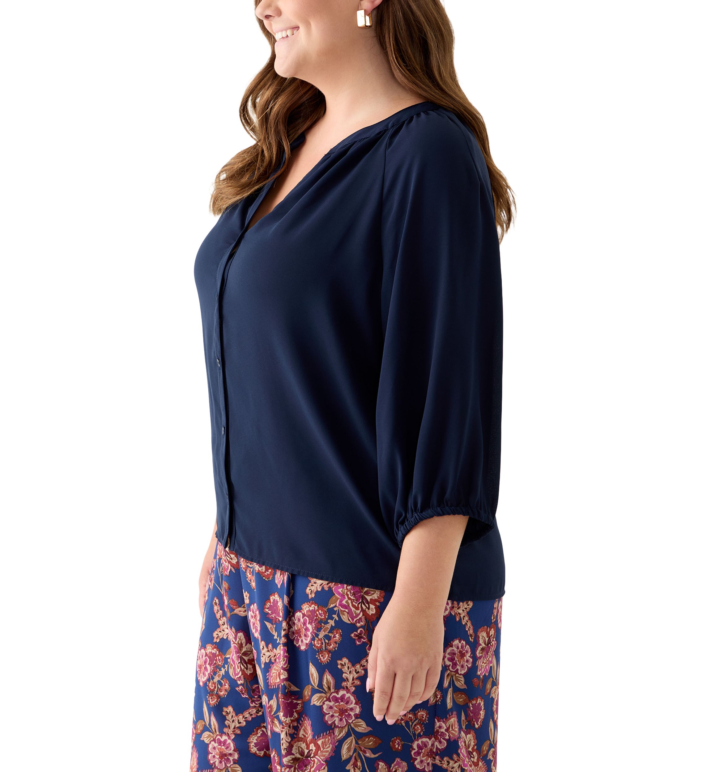 Plus Size Long Sleeve V-Neck Button Front Blouse
