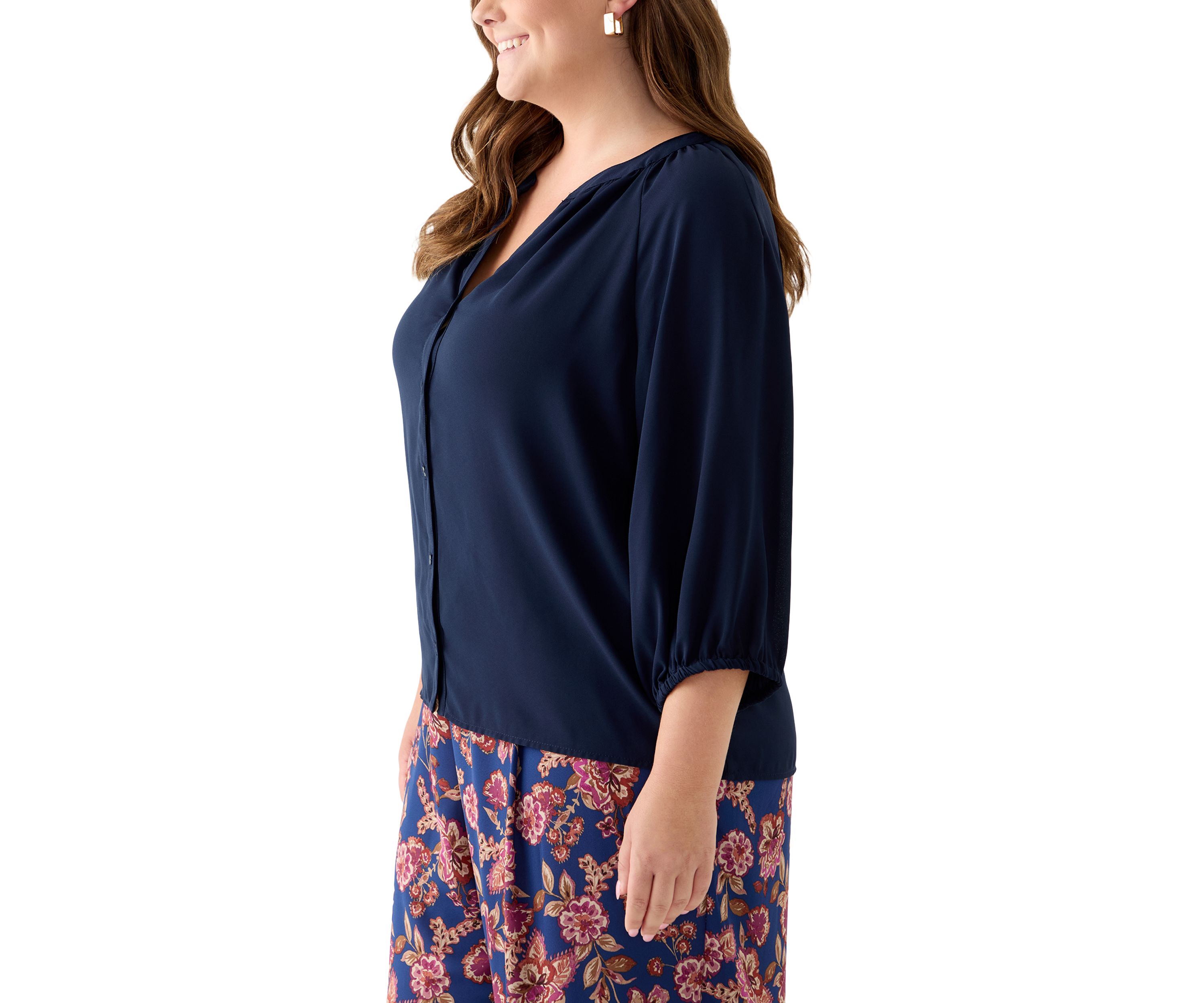 Plus Size Long Sleeve V-Neck Button Front Blouse