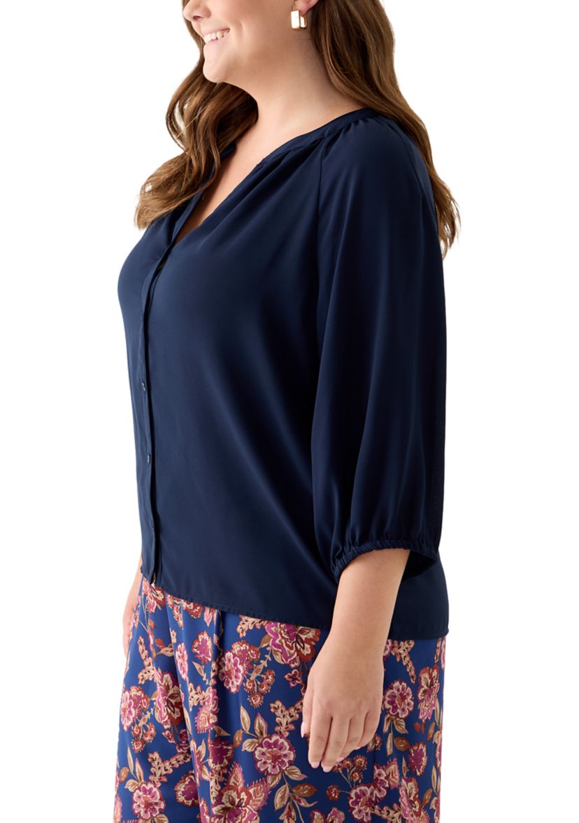 Plus Size Long Sleeve V-Neck Button Front Blouse