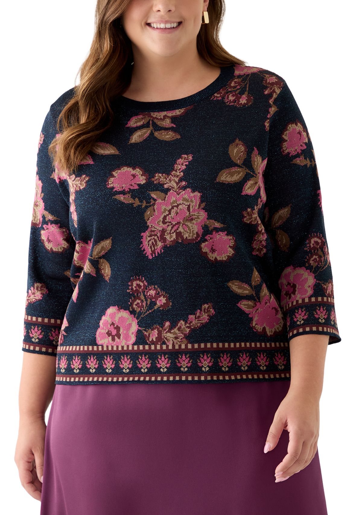 Plus Size Elbow Sleeve Printed Sweater 