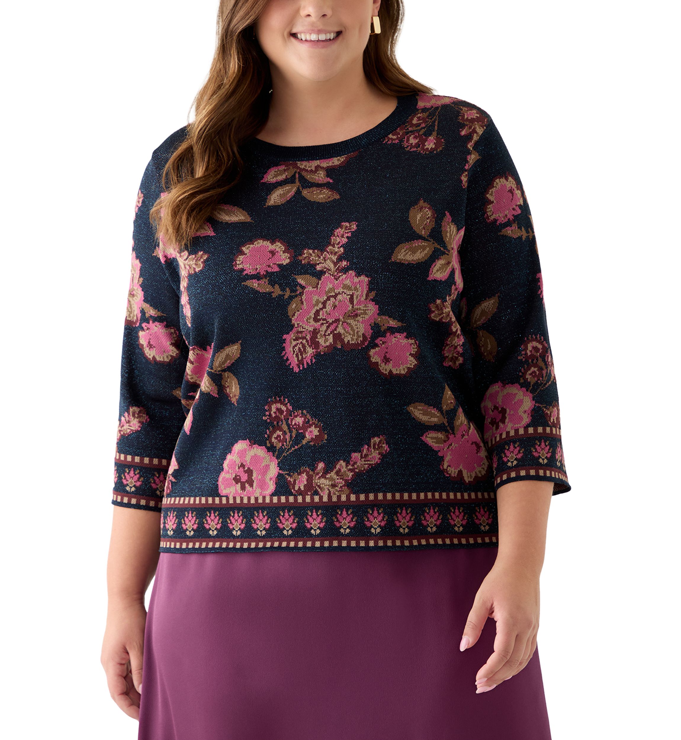 Plus Size Elbow Sleeve Printed Sweater 