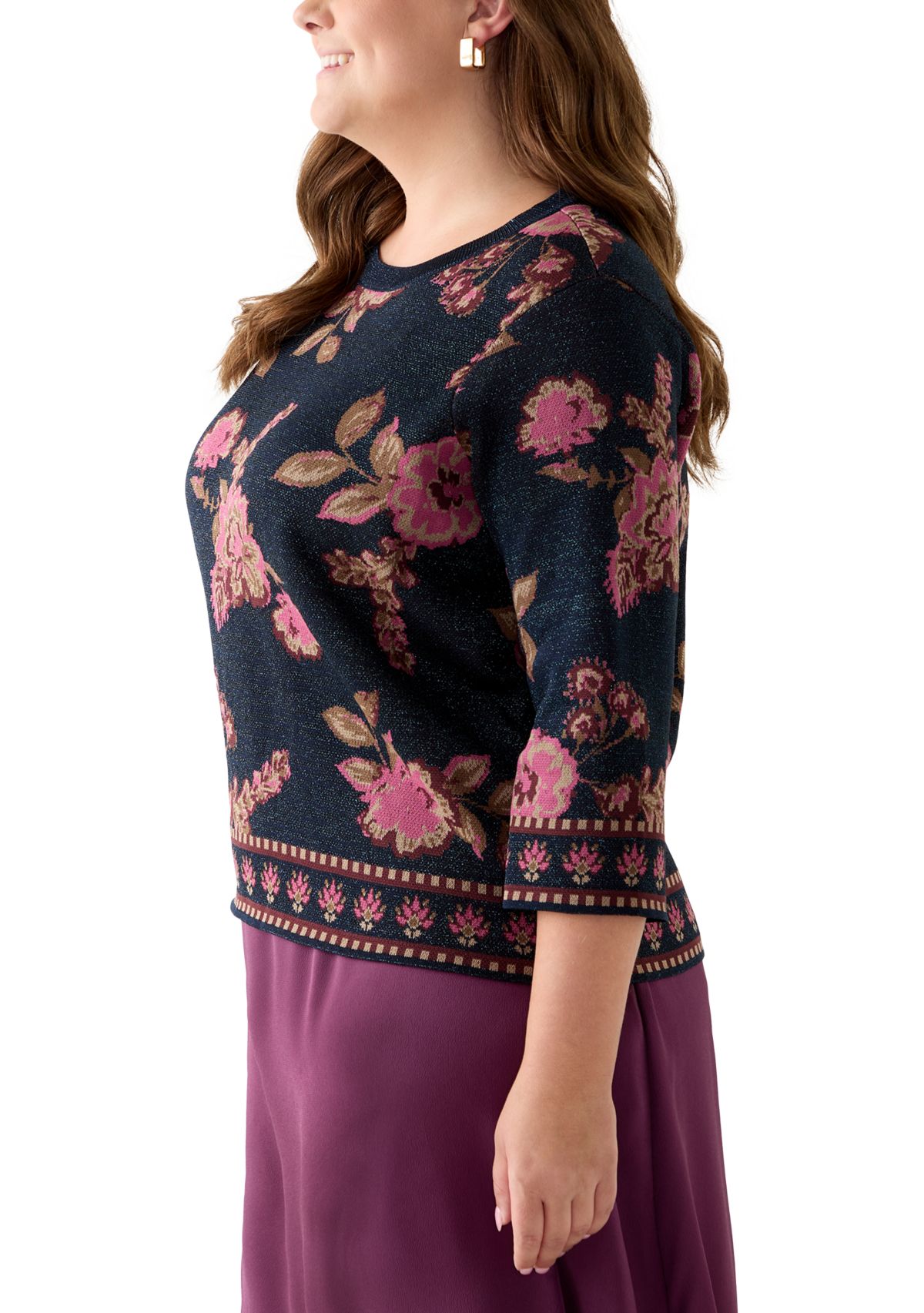 Plus Size Elbow Sleeve Printed Sweater 