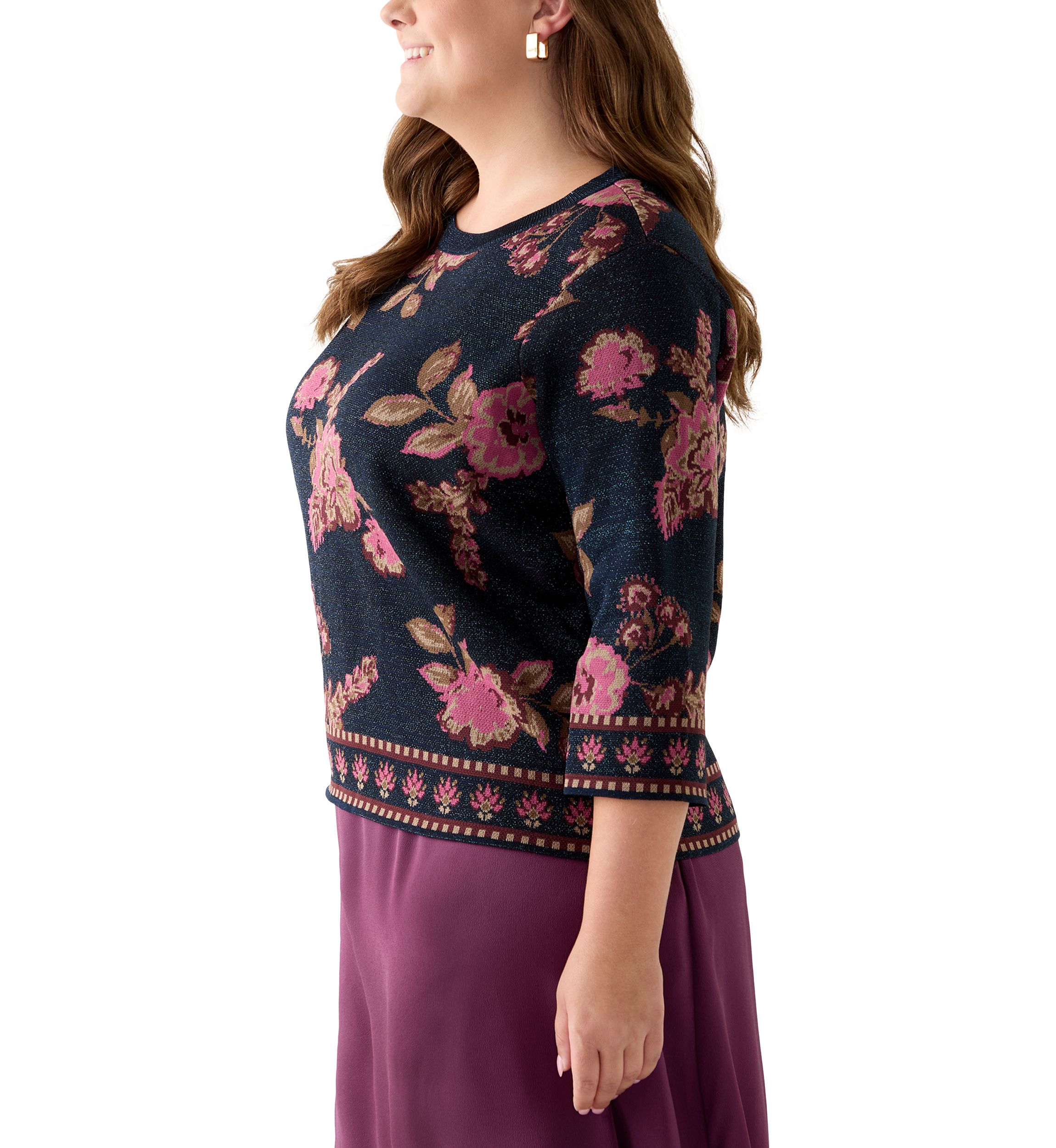Plus Size Elbow Sleeve Printed Sweater 