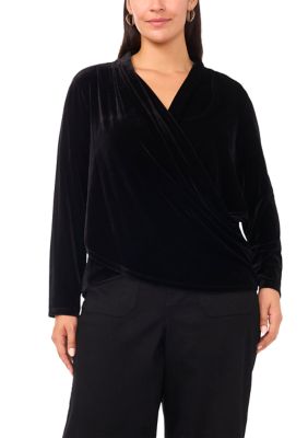Vince Camuto Women's Plus Size Long Sleeve Wrap Front Velvet Blouse, Black, 3X