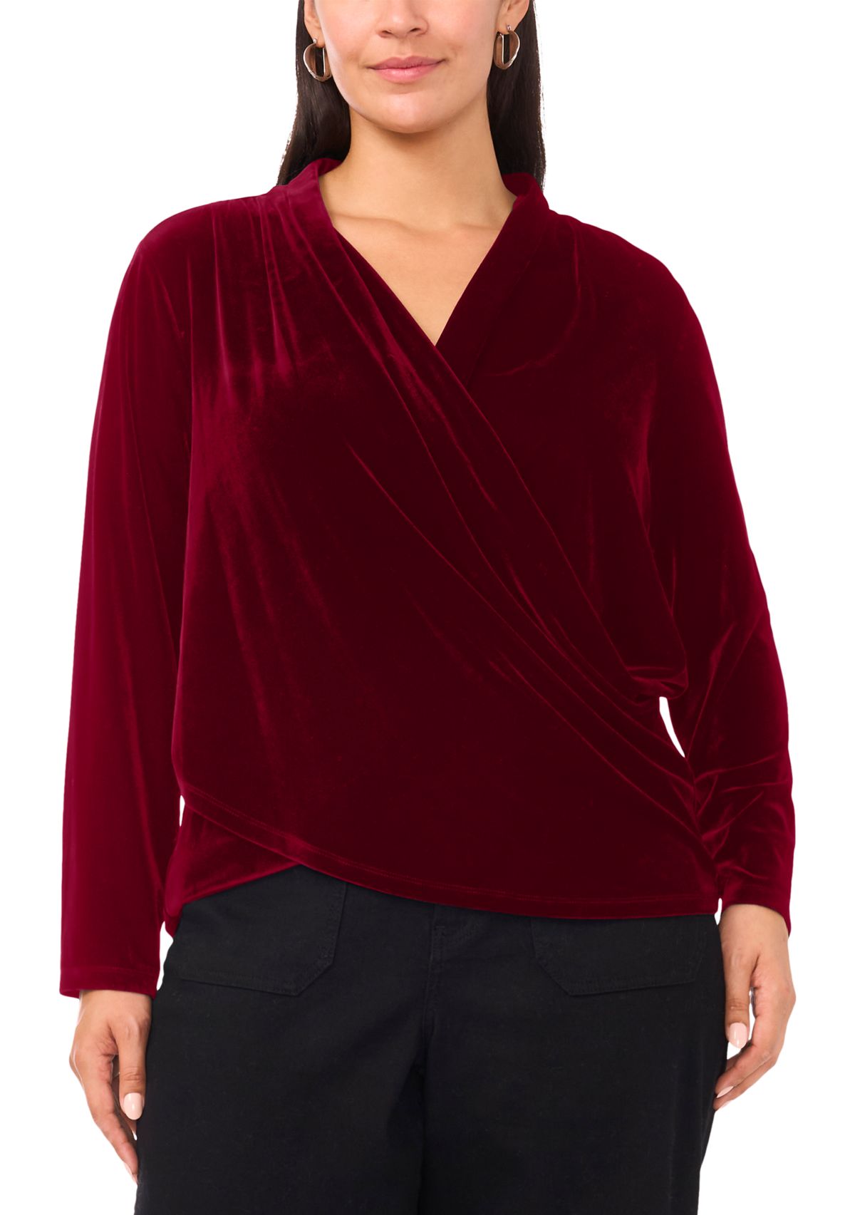 Plus Size Long Sleeve Wrap Front Velvet Blouse