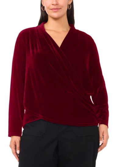 Plus Size Long Sleeve Wrap Front Velvet Blouse