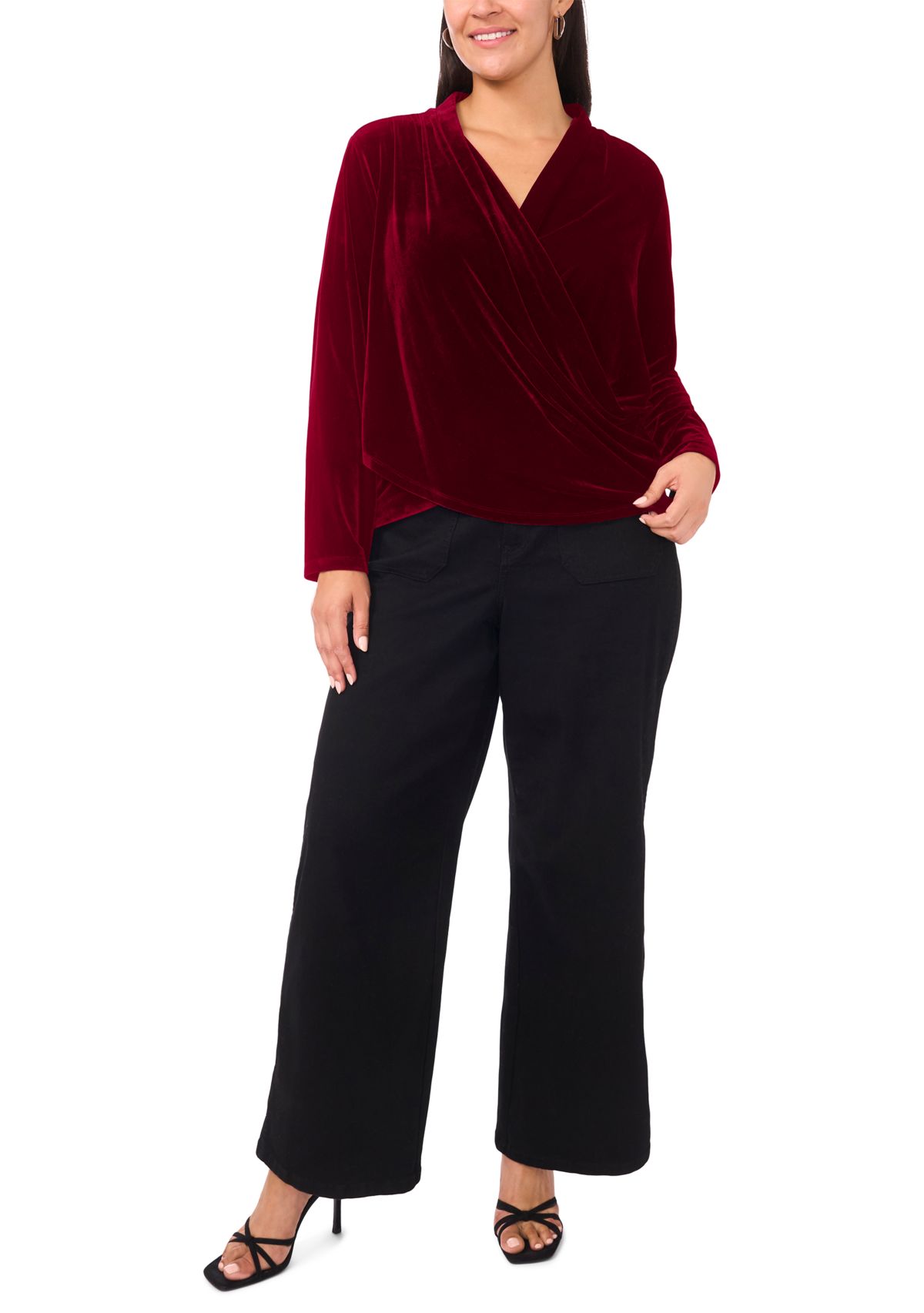 Plus Size Long Sleeve Wrap Front Velvet Blouse