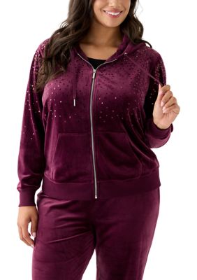Vince Camuto Plus Size Velour Zip Front Hoodie with Rhinestones | Belk