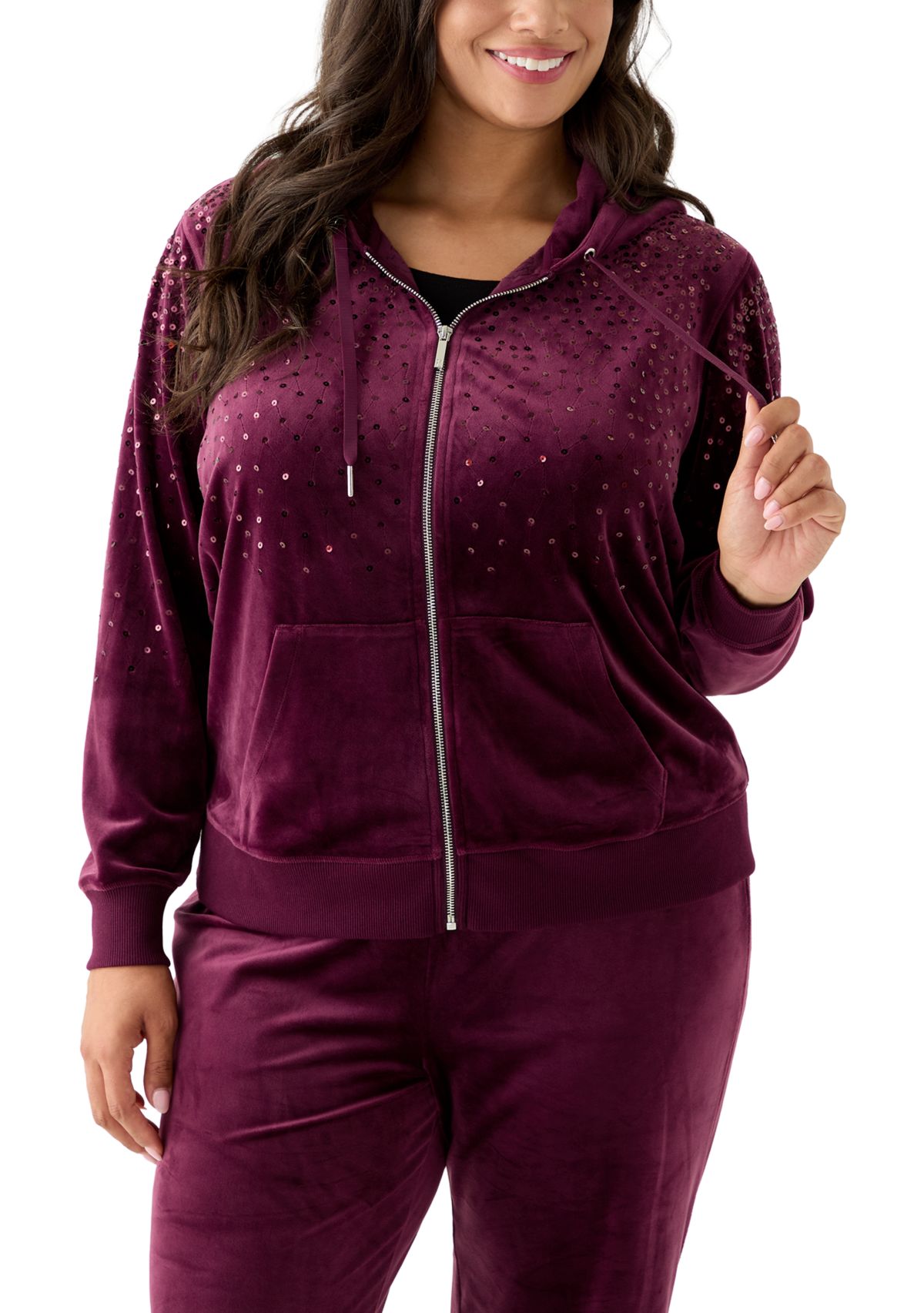 Plus Size Velour Zip Front Hoodie with Rhinestones