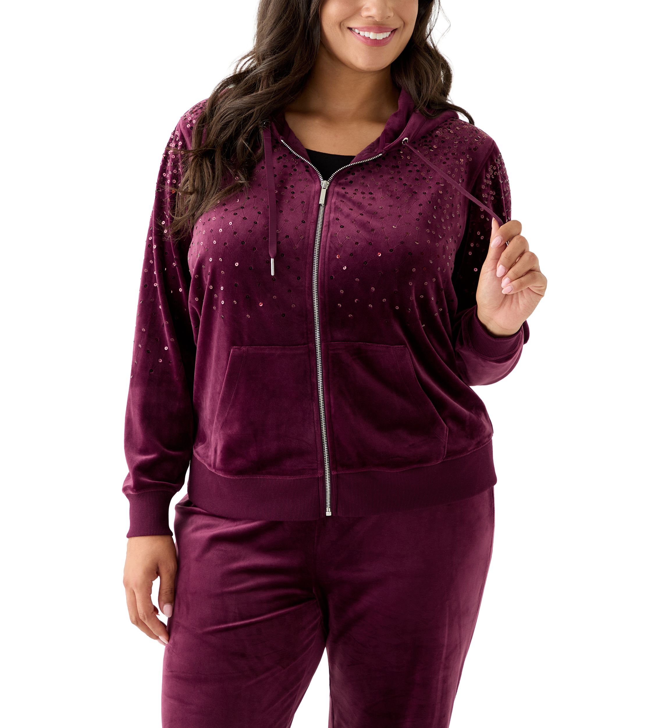Vince Camuto Plus Size Velour Zip Front Hoodie with Rhinestones | Belk