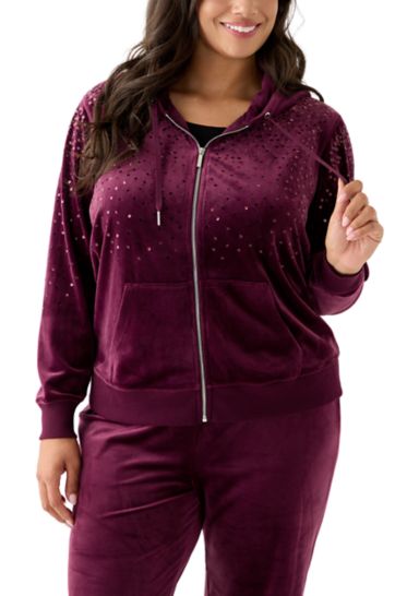 Plus Size Velour Zip Front Hoodie with Rhinestones