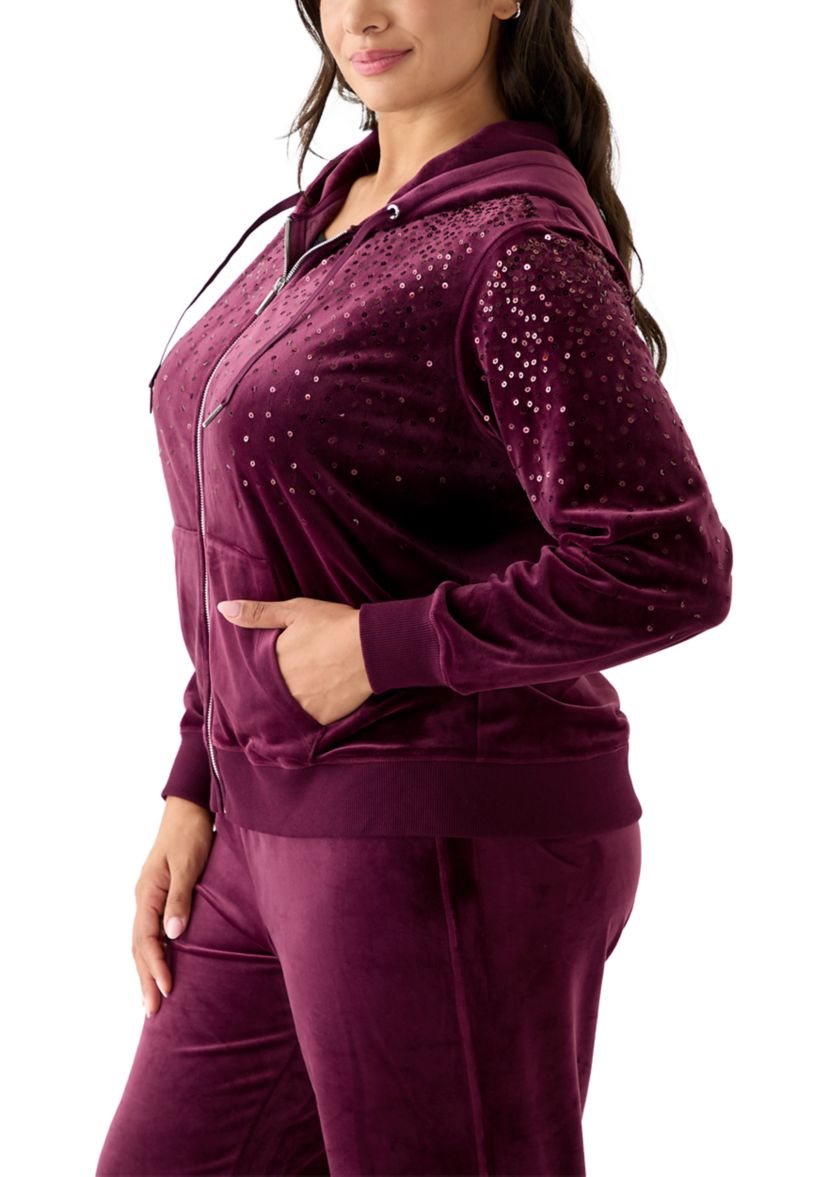 Plus Size Velour Zip Front Hoodie with Rhinestones