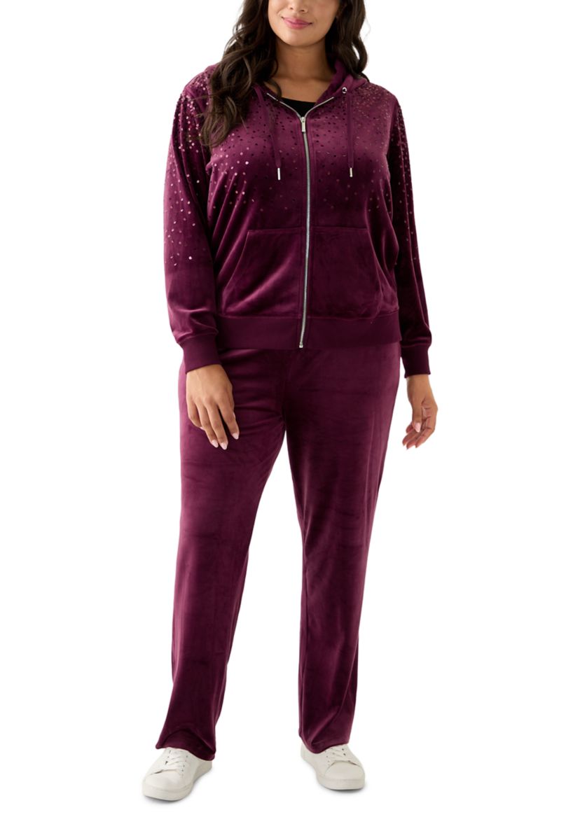 Plus Size Velour Zip Front Hoodie with Rhinestones