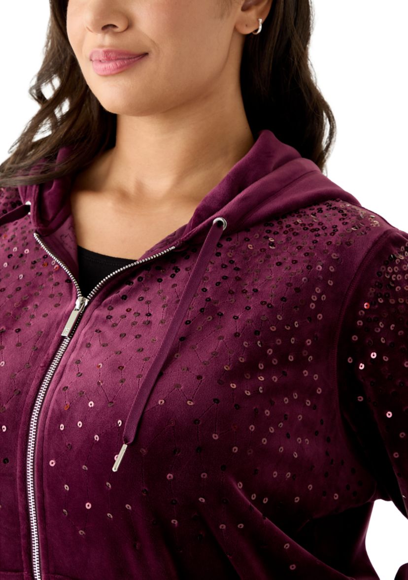 Plus Size Velour Zip Front Hoodie with Rhinestones