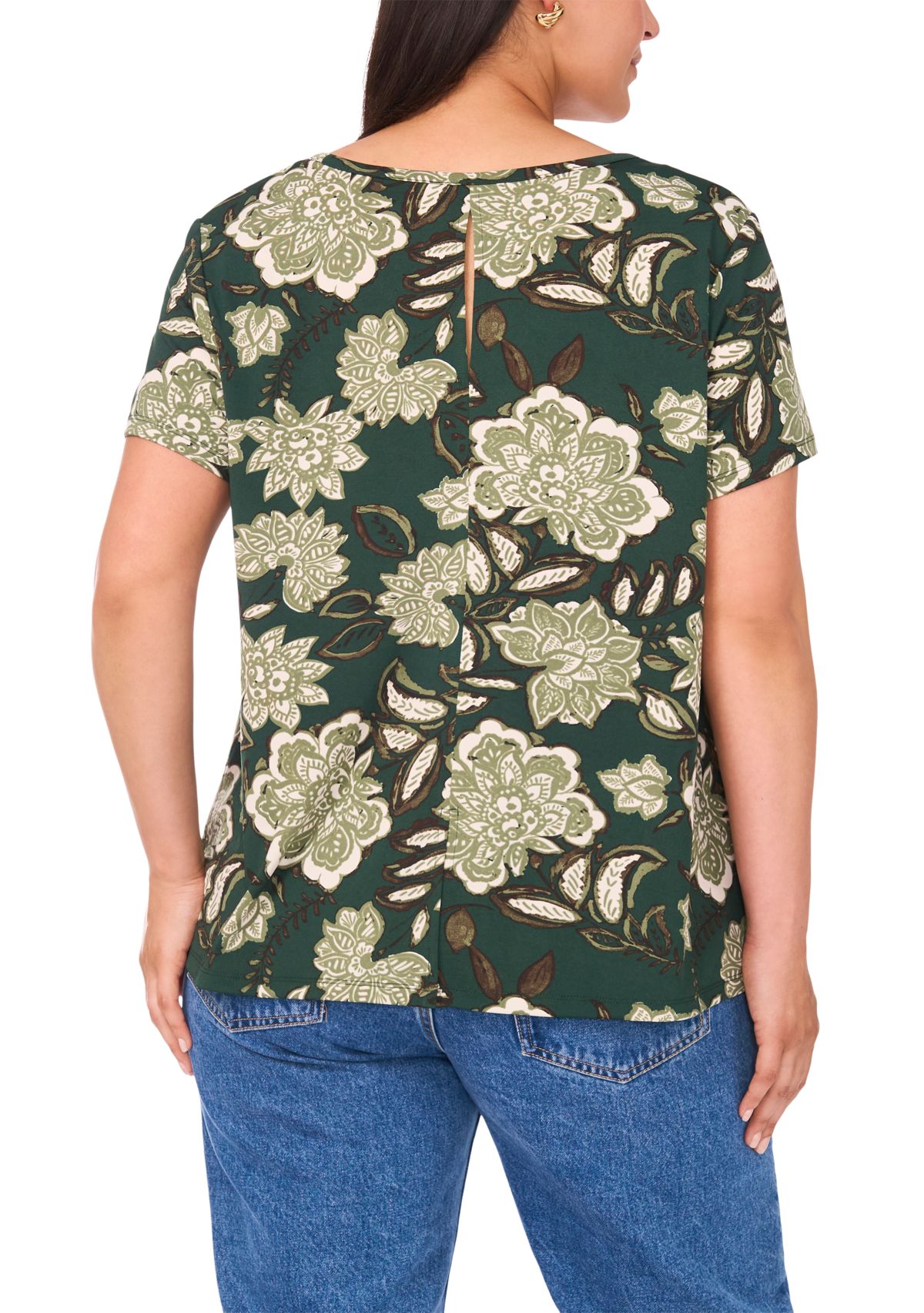 Plus Size Crewneck Short Sleeve Split Back T-Shirt 