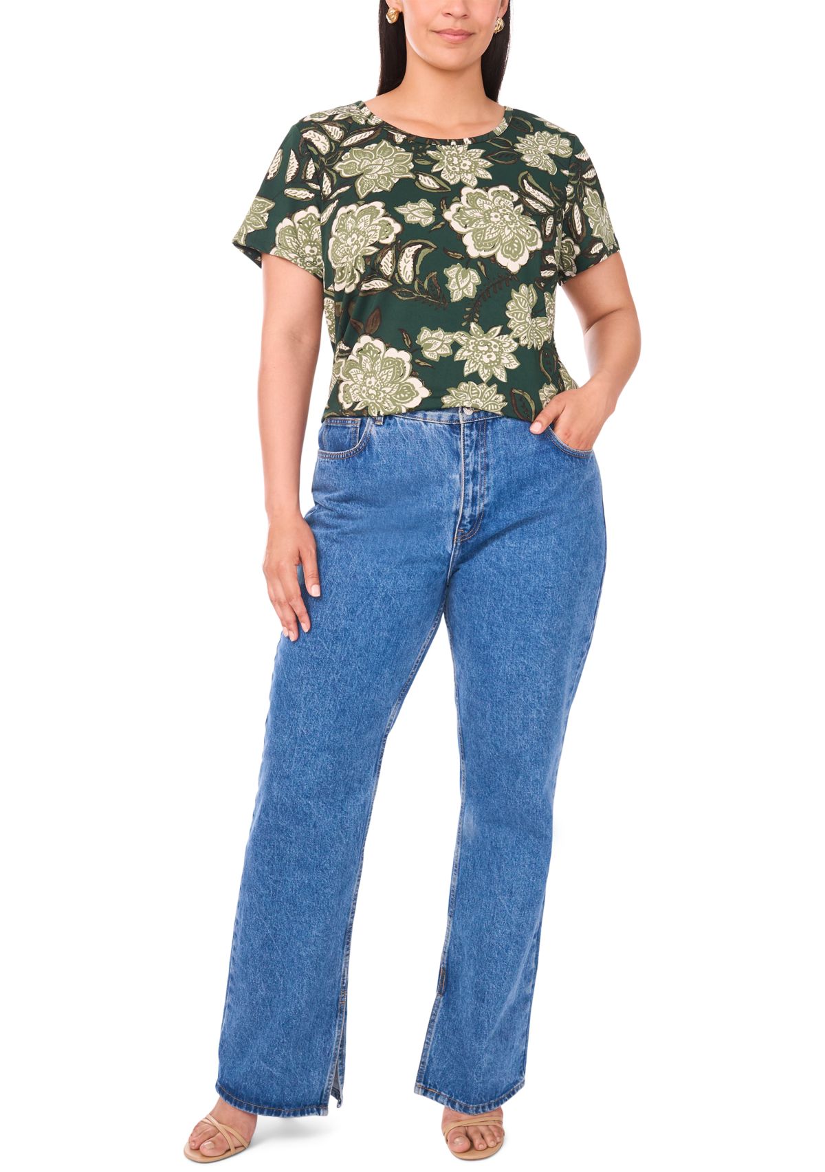 Plus Size Crewneck Short Sleeve Split Back T-Shirt 