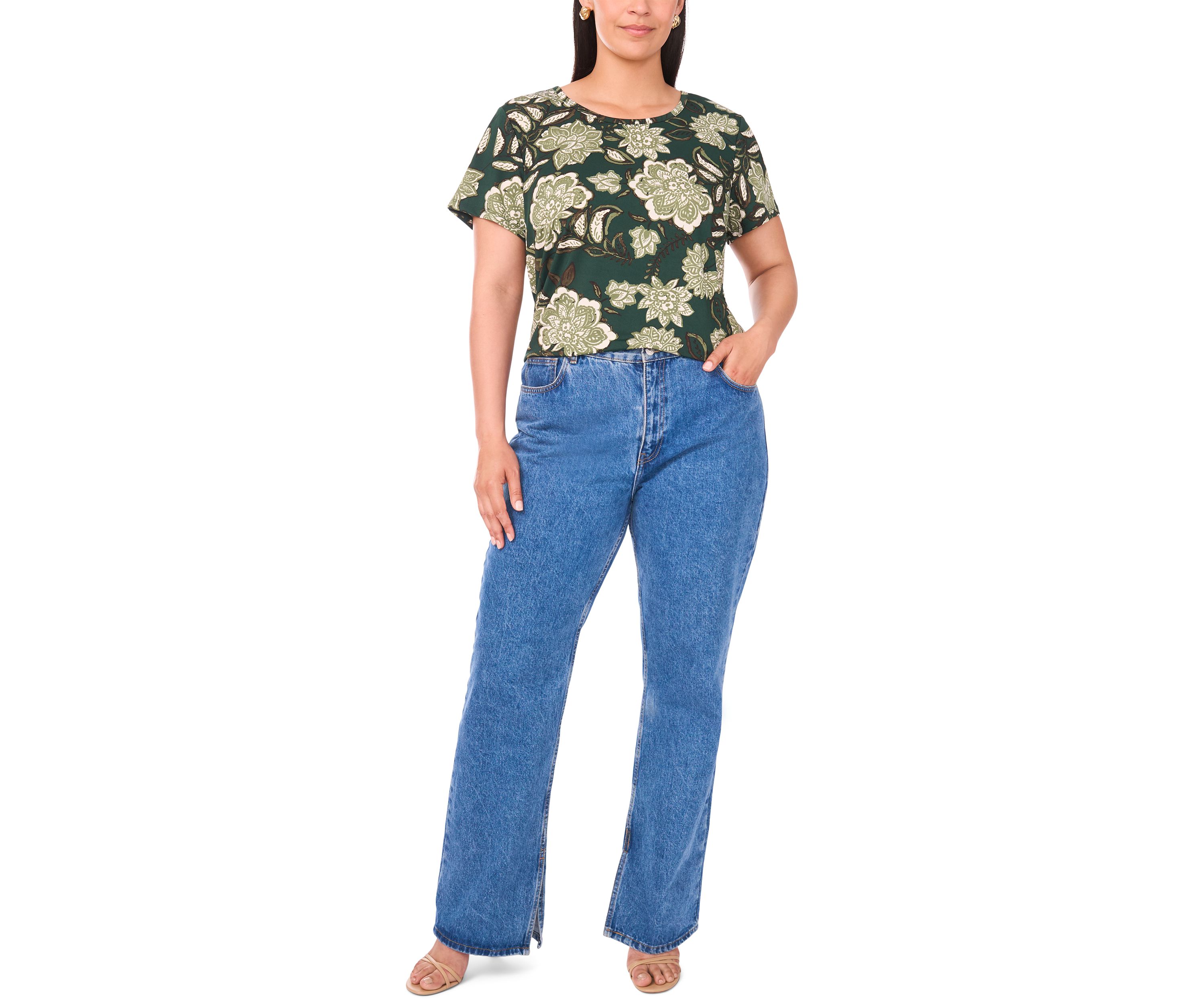 Plus Size Crewneck Short Sleeve Split Back T-Shirt 