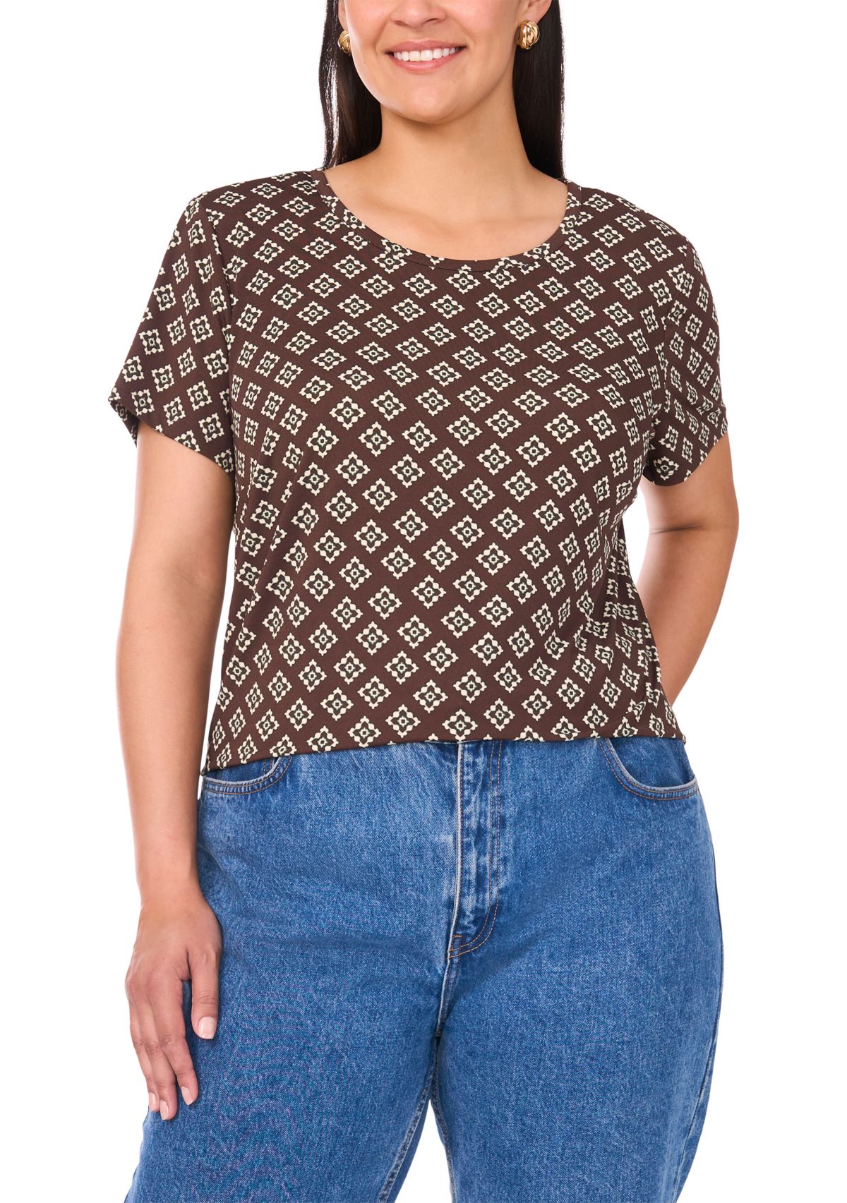 Plus Size Crewneck Short Sleeve Split Back T-Shirt 