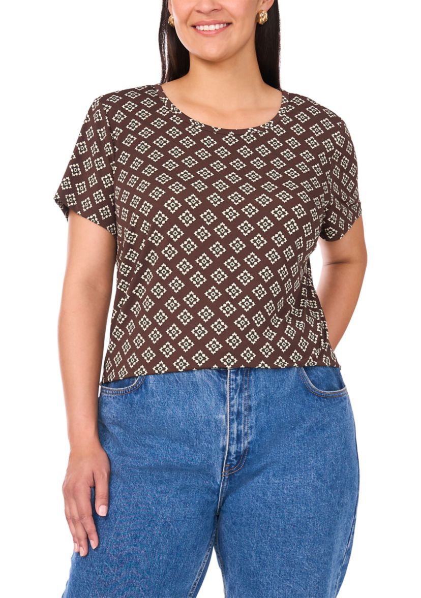 Plus Size Crewneck Short Sleeve Split Back T-Shirt 